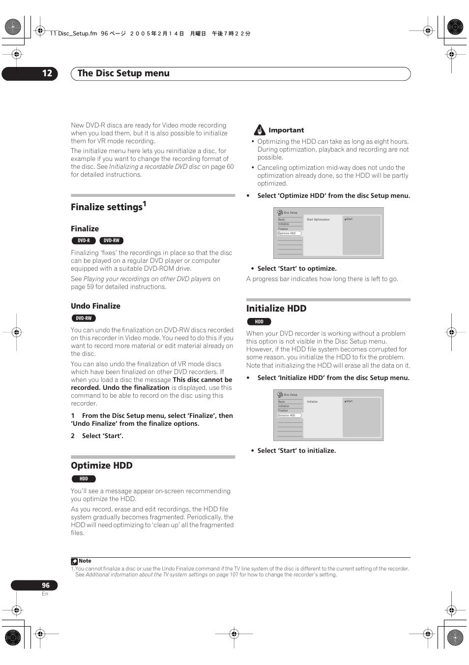 Finalize settings, Optimize hdd, Initialize hdd | The disc setup menu 12, Finalize, Undo finalize | Pioneer DVR-530H-S User Manual | Page 96 / 128