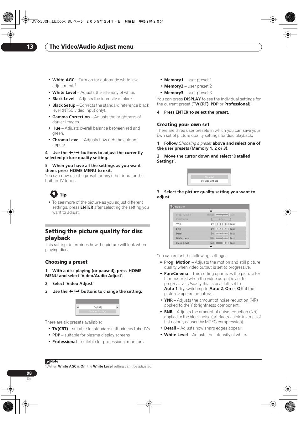 Setting the picture quality for disc playback, The video/audio adjust menu 13 | Pioneer DVR-530H-S User Manual | Page 98 / 128