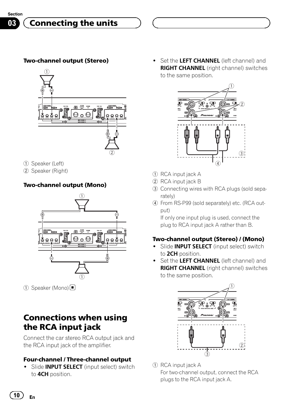Connections when using the rca input, Jack, Connections when using the rca input jack | 03 connecting the units | Pioneer RS-A99 User Manual | Page 10 / 16