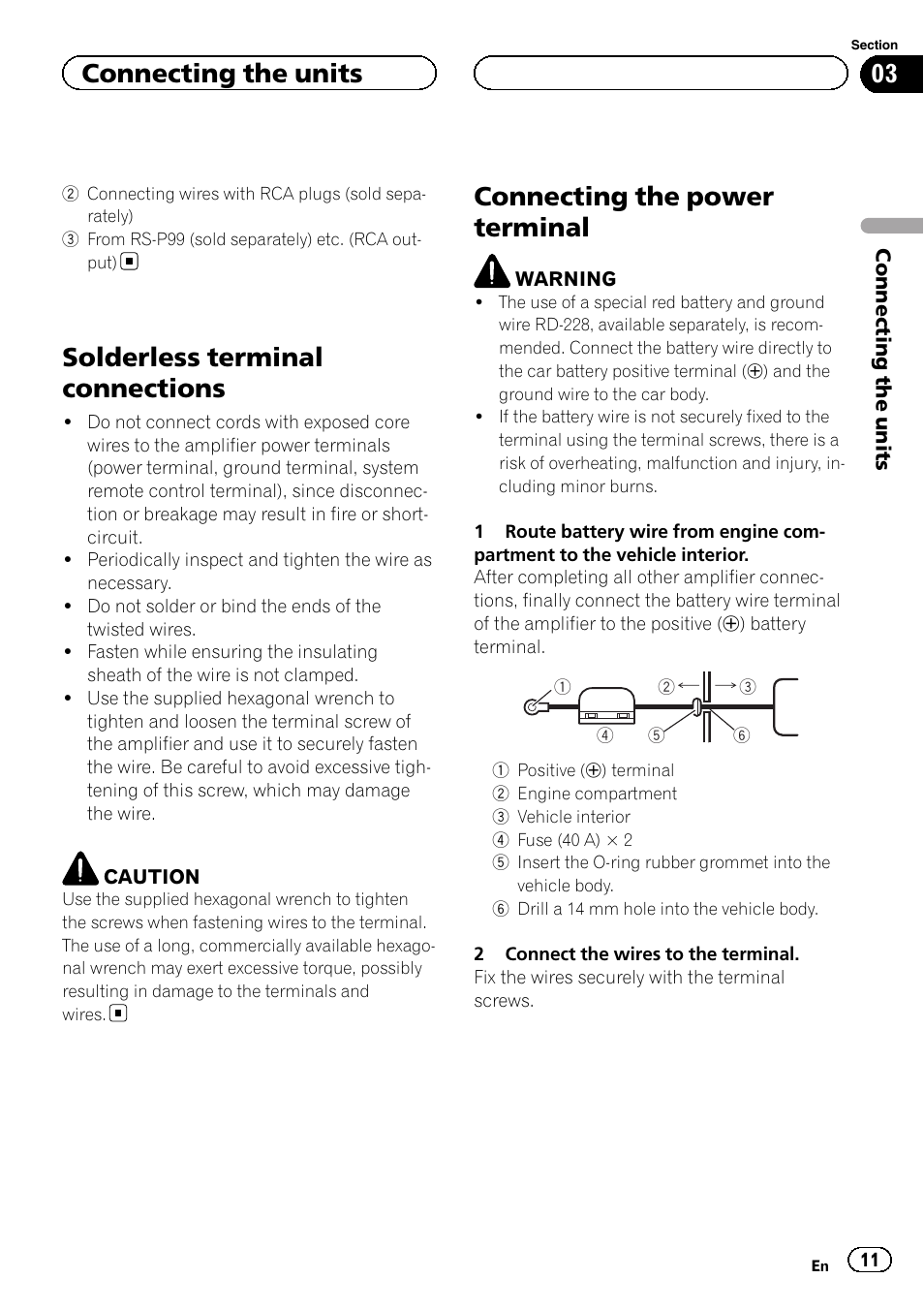 Solderless terminal connections, Connecting the power terminal, Connecting the units | Pioneer RS-A99 User Manual | Page 11 / 16