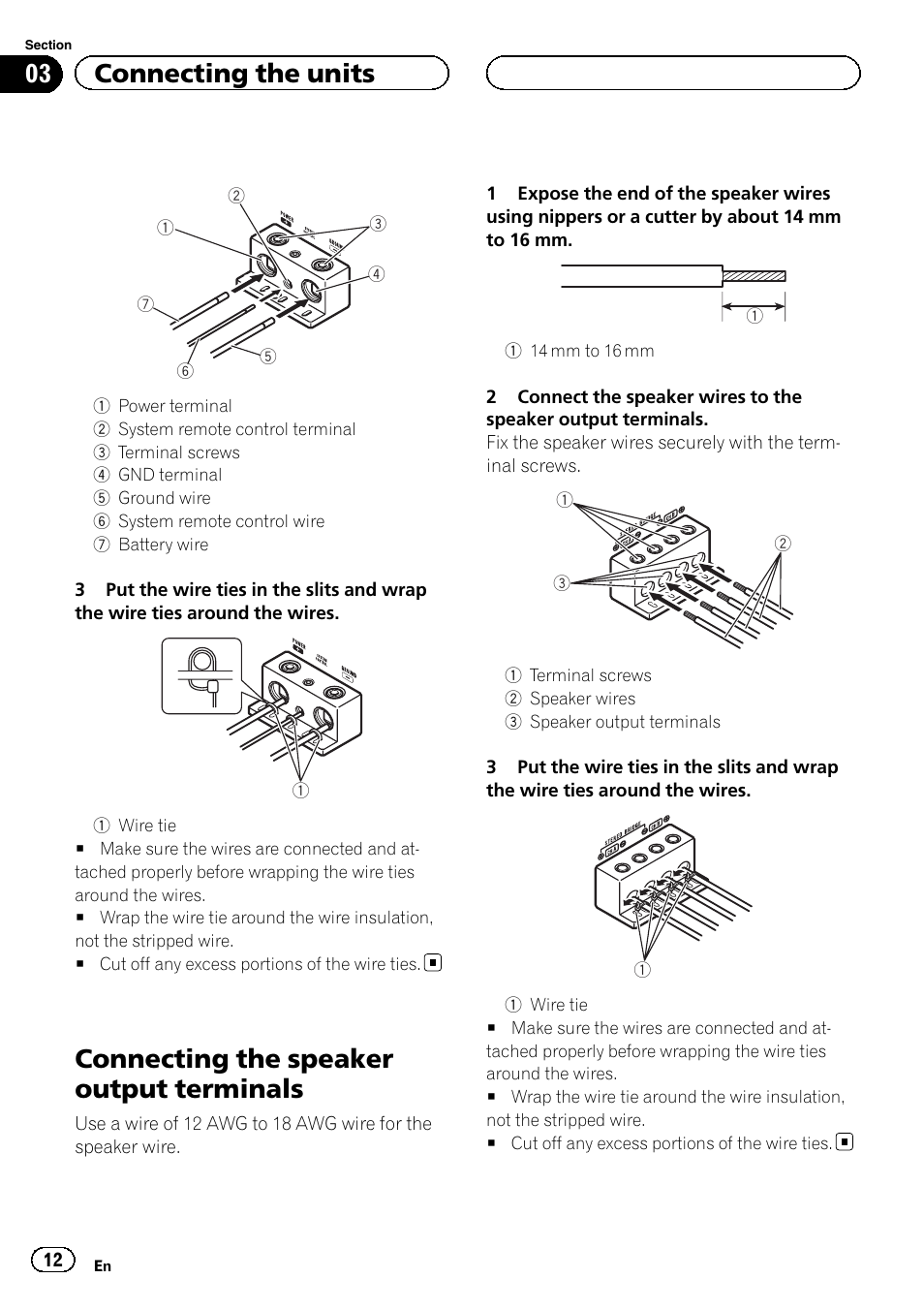 Connecting the speaker output, Terminals, Connecting the speaker output terminals | 03 connecting the units | Pioneer RS-A99 User Manual | Page 12 / 16