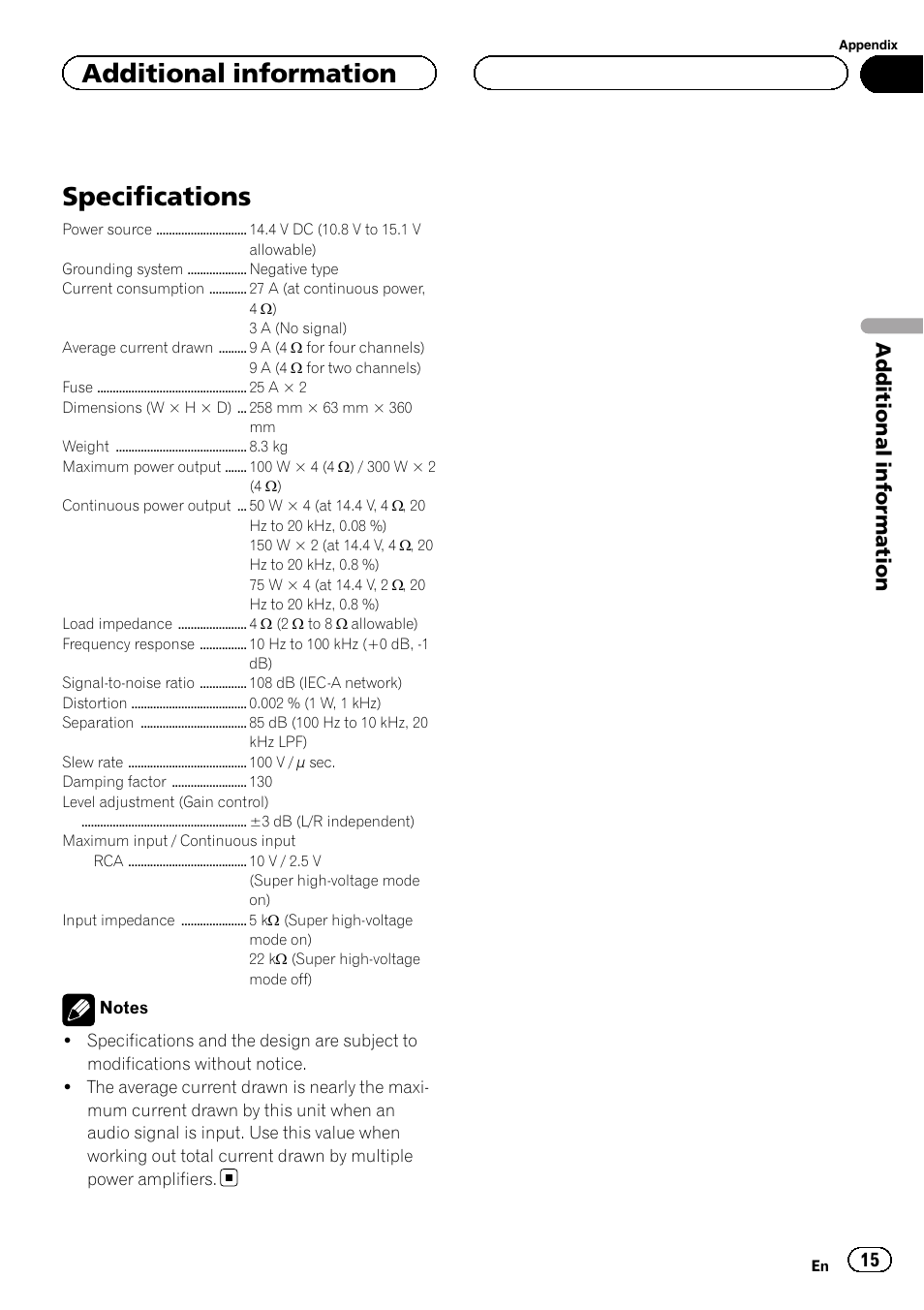 Additional information specifications, Specifications, Additional information | Pioneer RS-A99 User Manual | Page 15 / 16