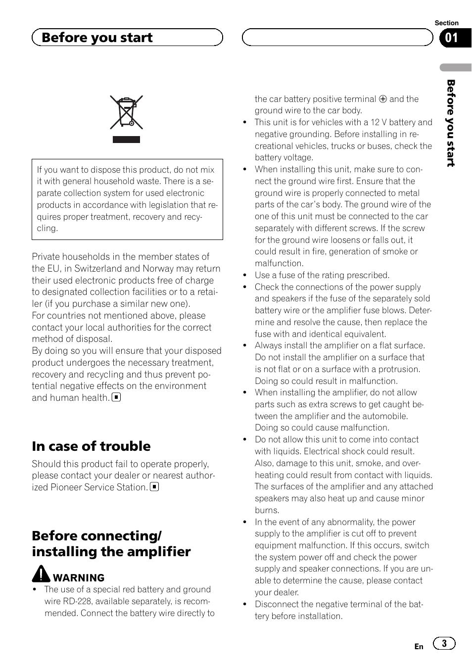 Before you start, In case of trouble, Before connecting/installing the amplifier | Before connecting/ installing the amplifier | Pioneer RS-A99 User Manual | Page 3 / 16