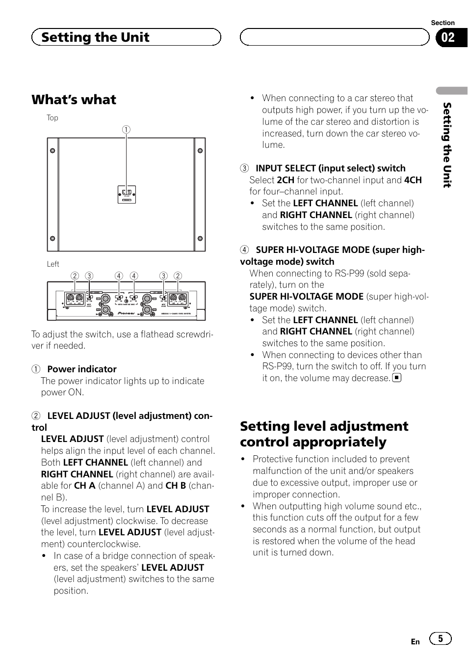 Setting the unit what, S what 5, Setting level adjustment control | Appropriately, What ’ s what, Setting level adjustment control appropriately, Setting the unit | Pioneer RS-A99 User Manual | Page 5 / 16