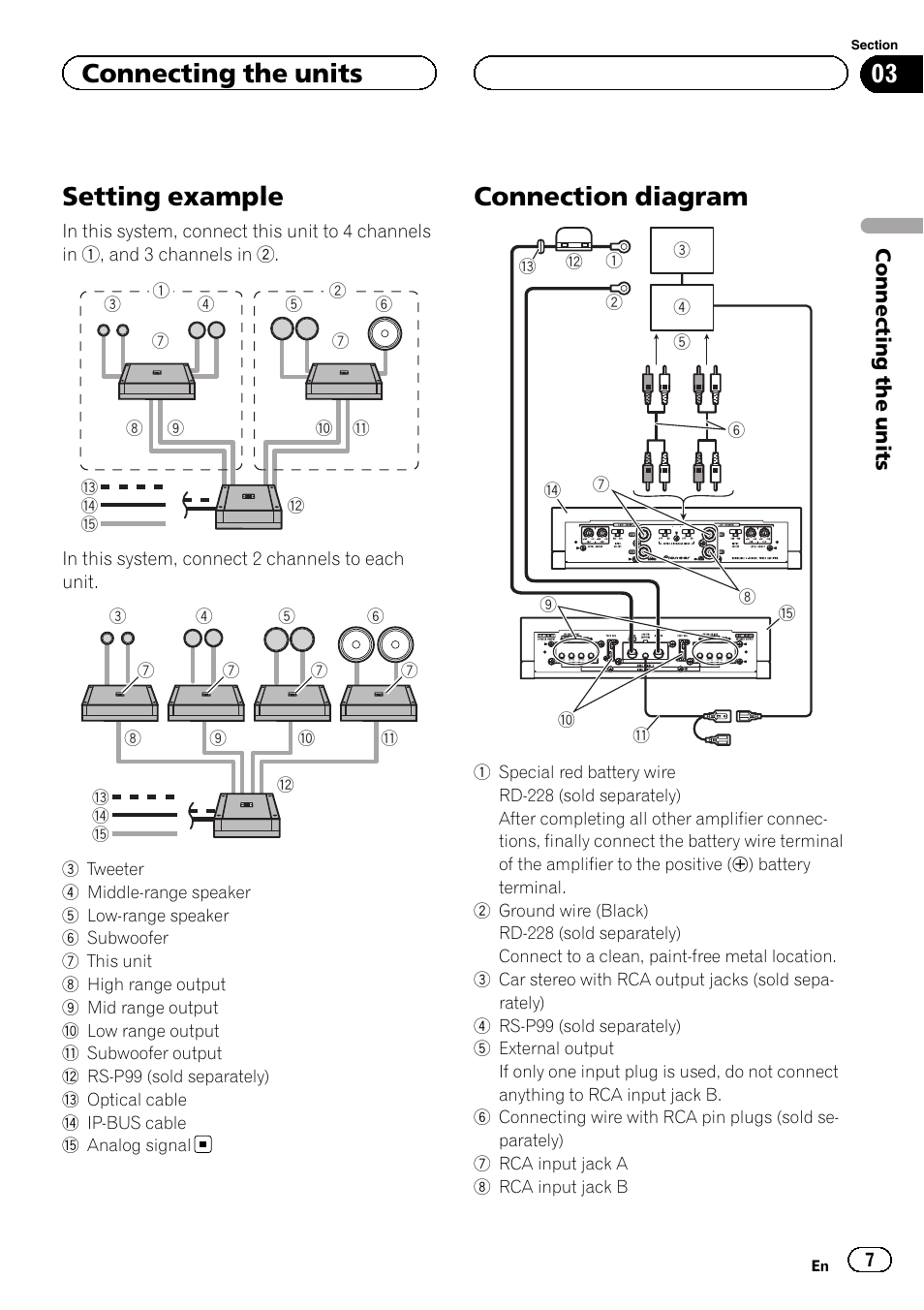 Connecting the units setting example, Connection diagram, Setting example | Connecting the units | Pioneer RS-A99 User Manual | Page 7 / 16