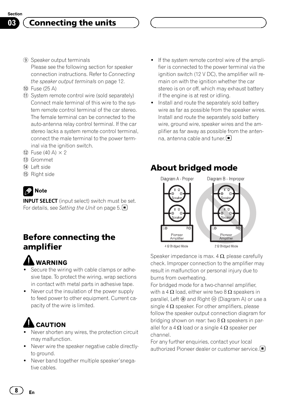 Before connecting the amplifier, About bridged mode, 03 connecting the units | Pioneer RS-A99 User Manual | Page 8 / 16