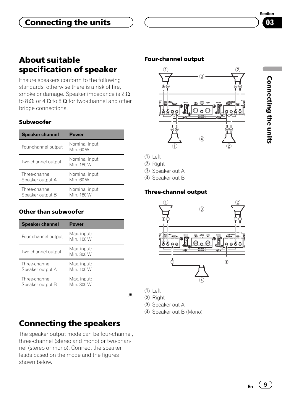 About suitable specification of speaker, Connecting the speakers, Connecting the units | Pioneer RS-A99 User Manual | Page 9 / 16