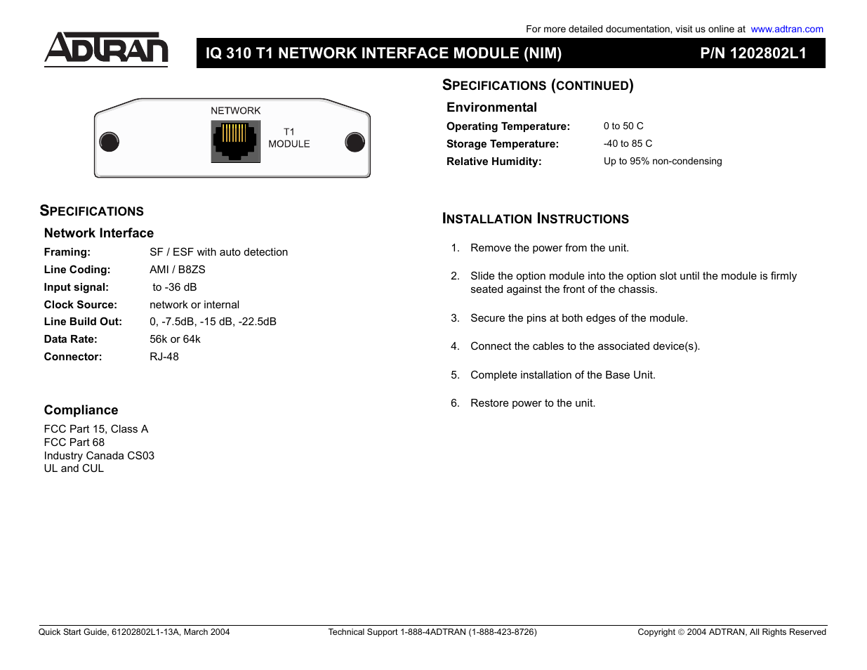 ADTRAN IQ 310 T1 NIM User Manual | 2 pages