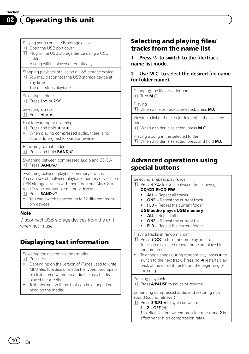 02 operating this unit, Displaying text information, Advanced operations using special buttons | Pioneer DEH-4400BT User Manual | Page 10 / 28