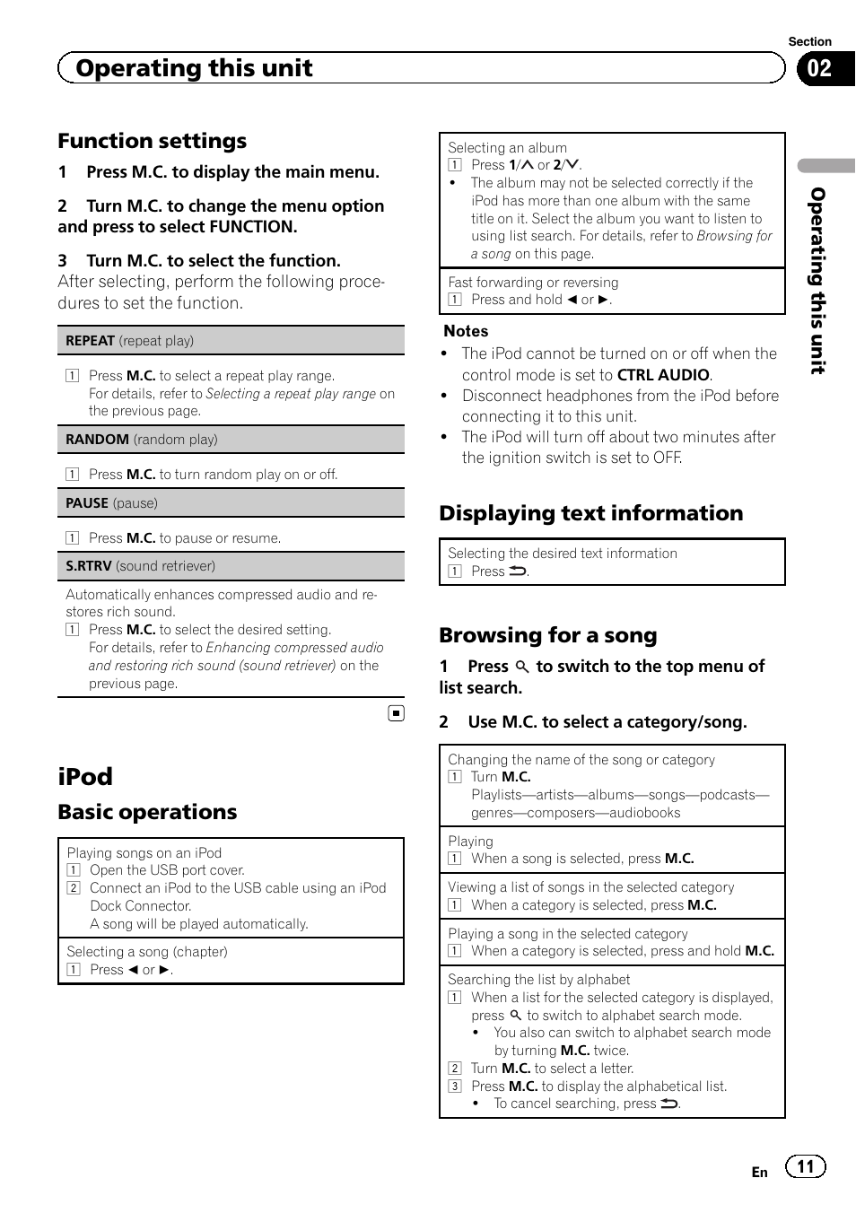 Ipod, Function settings, Basic operations | Displaying text information, Browsing for a song, Operating this unit | Pioneer DEH-4400BT User Manual | Page 11 / 28