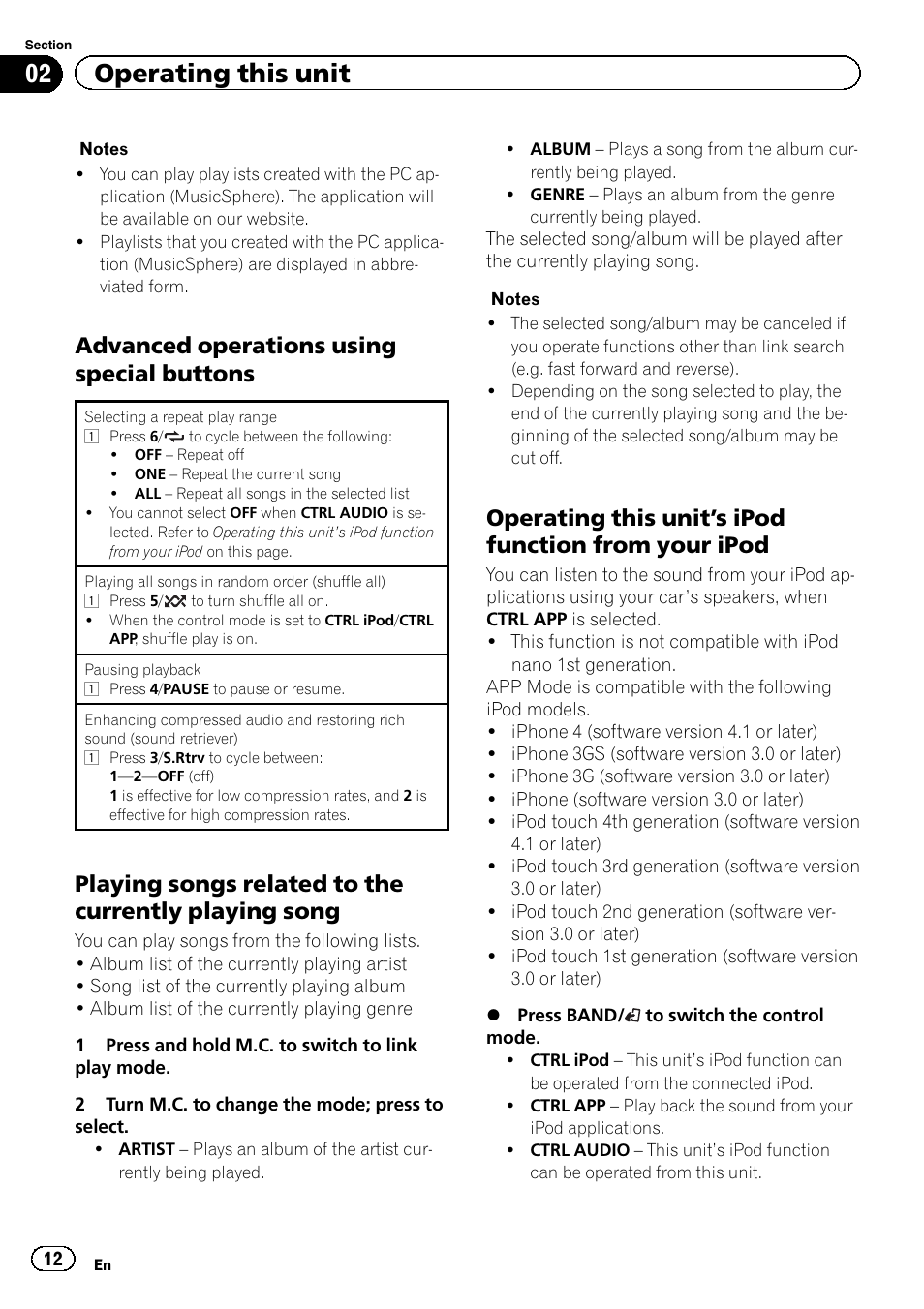 02 operating this unit, Advanced operations using special buttons | Pioneer DEH-4400BT User Manual | Page 12 / 28