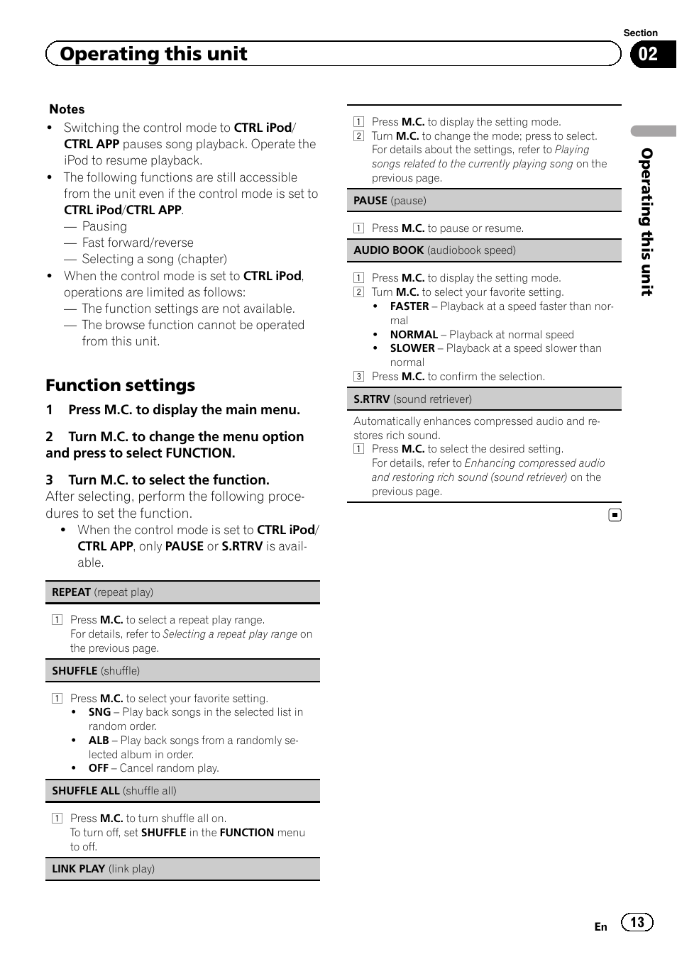 Function settings, Operating this unit | Pioneer DEH-4400BT User Manual | Page 13 / 28