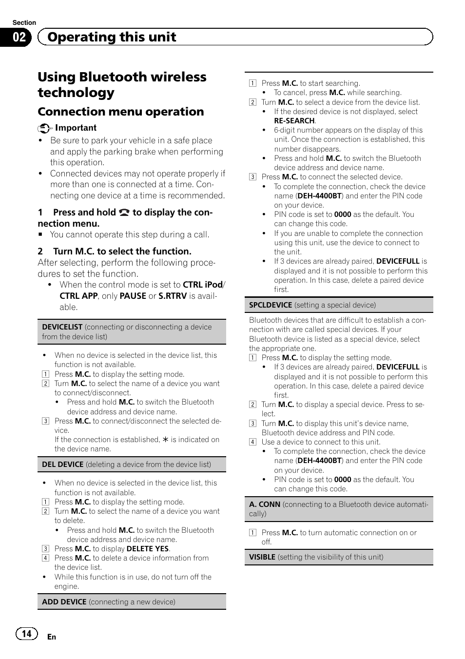 Using bluetooth wireless technology, 02 operating this unit, Connection menu operation | Pioneer DEH-4400BT User Manual | Page 14 / 28
