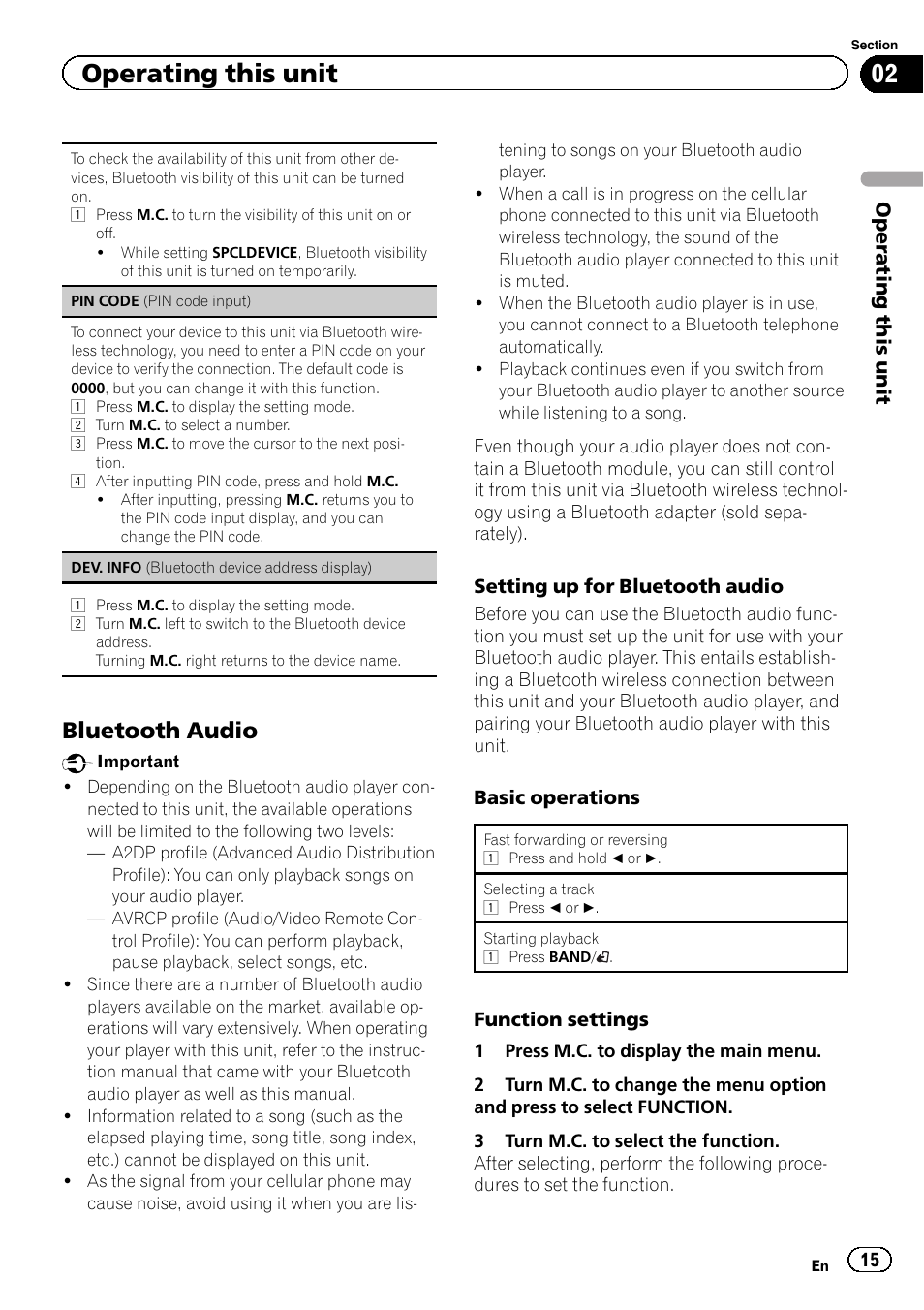 Operating this unit, Bluetooth audio | Pioneer DEH-4400BT User Manual | Page 15 / 28