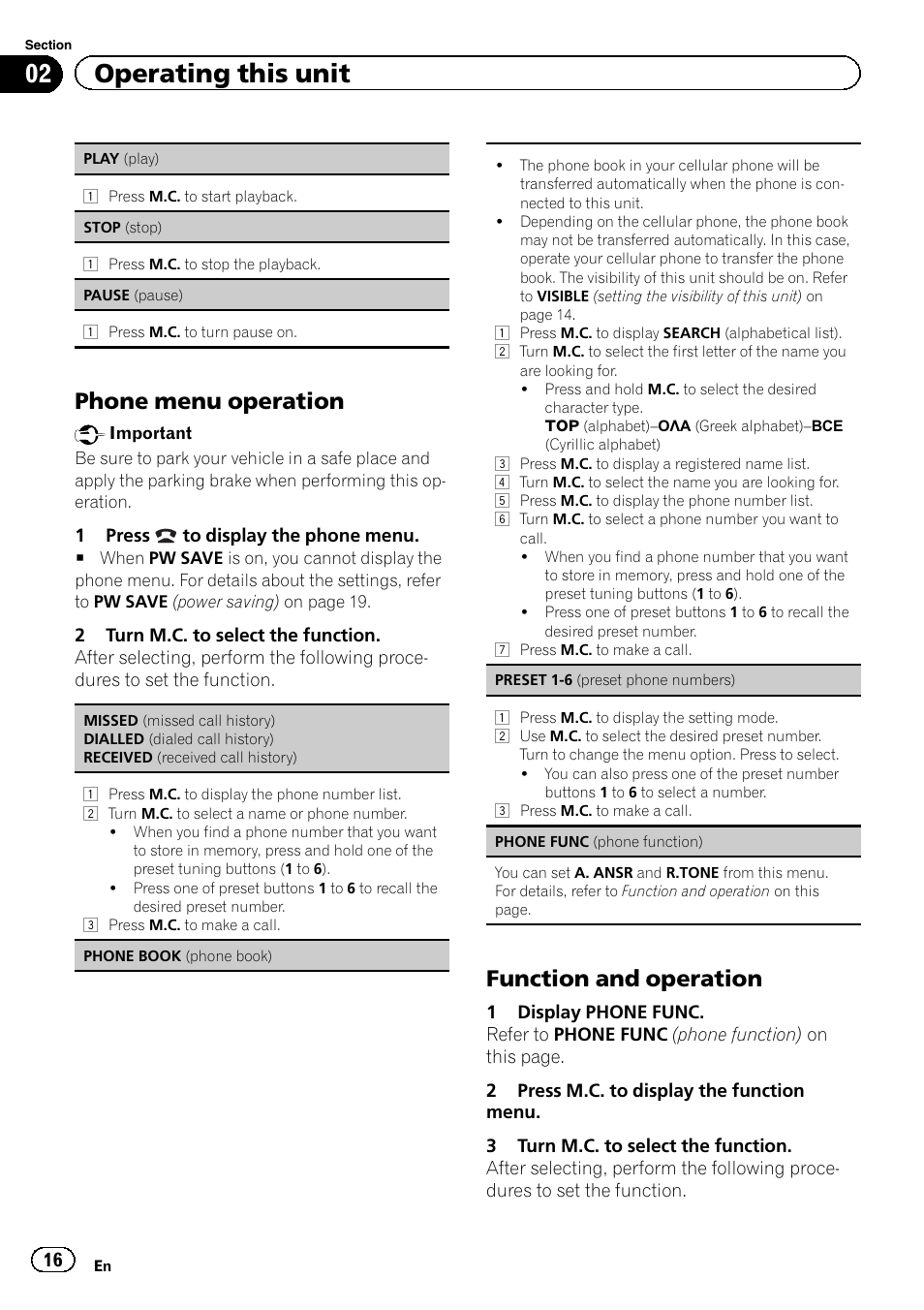 02 operating this unit, Phone menu operation, Function and operation | Pioneer DEH-4400BT User Manual | Page 16 / 28