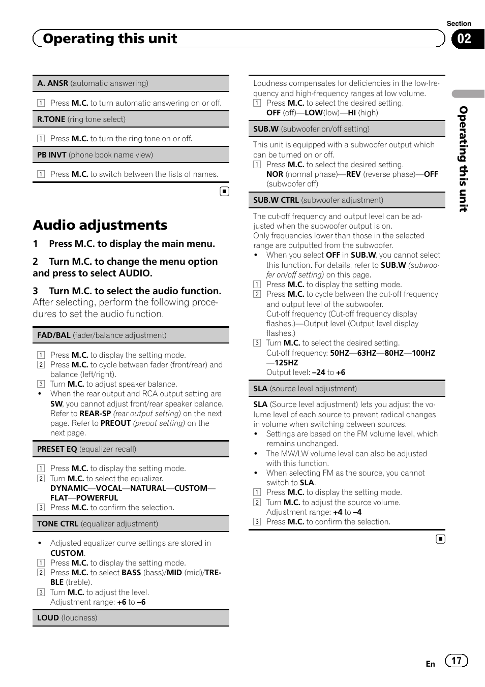 Audio adjustments, Operating this unit | Pioneer DEH-4400BT User Manual | Page 17 / 28