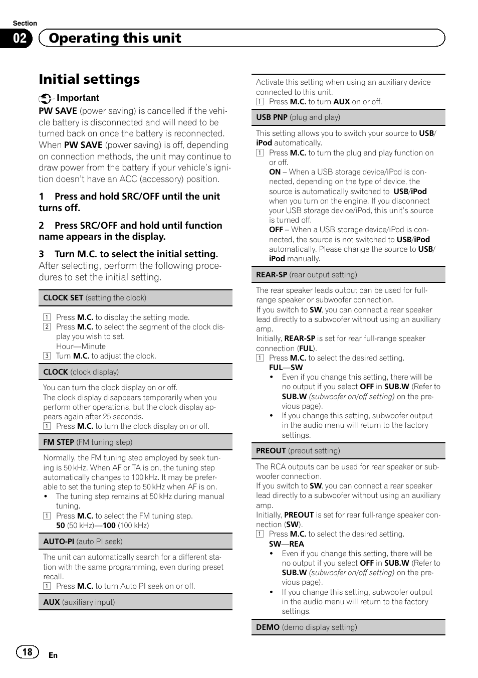 Rear-sp (rear output setting) on the next, Preout (preout setting) on the, Initial settings | 02 operating this unit | Pioneer DEH-4400BT User Manual | Page 18 / 28