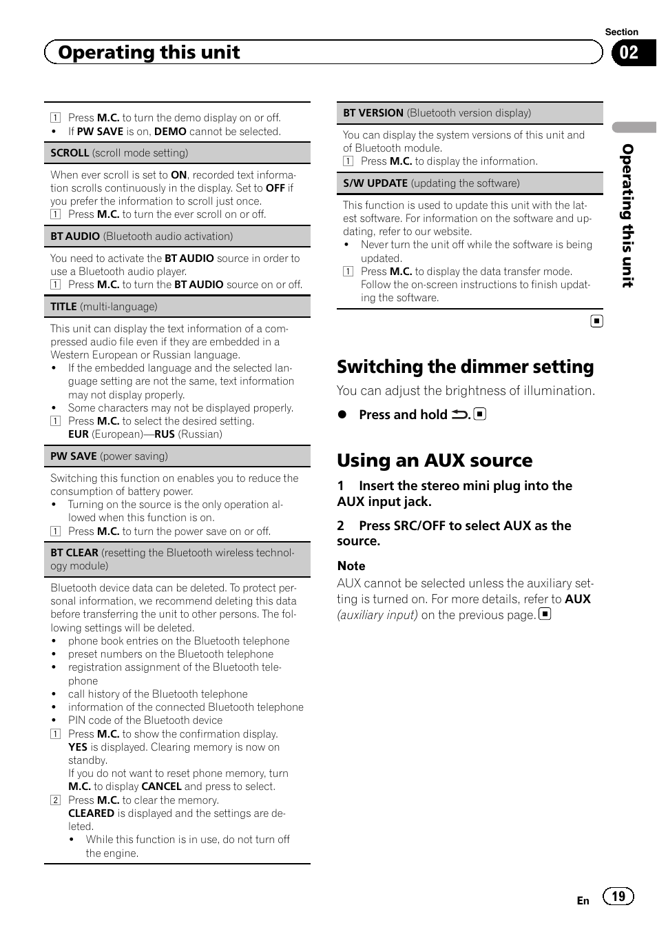 Switching the dimmer setting, Using an aux source, Operating this unit | Pioneer DEH-4400BT User Manual | Page 19 / 28