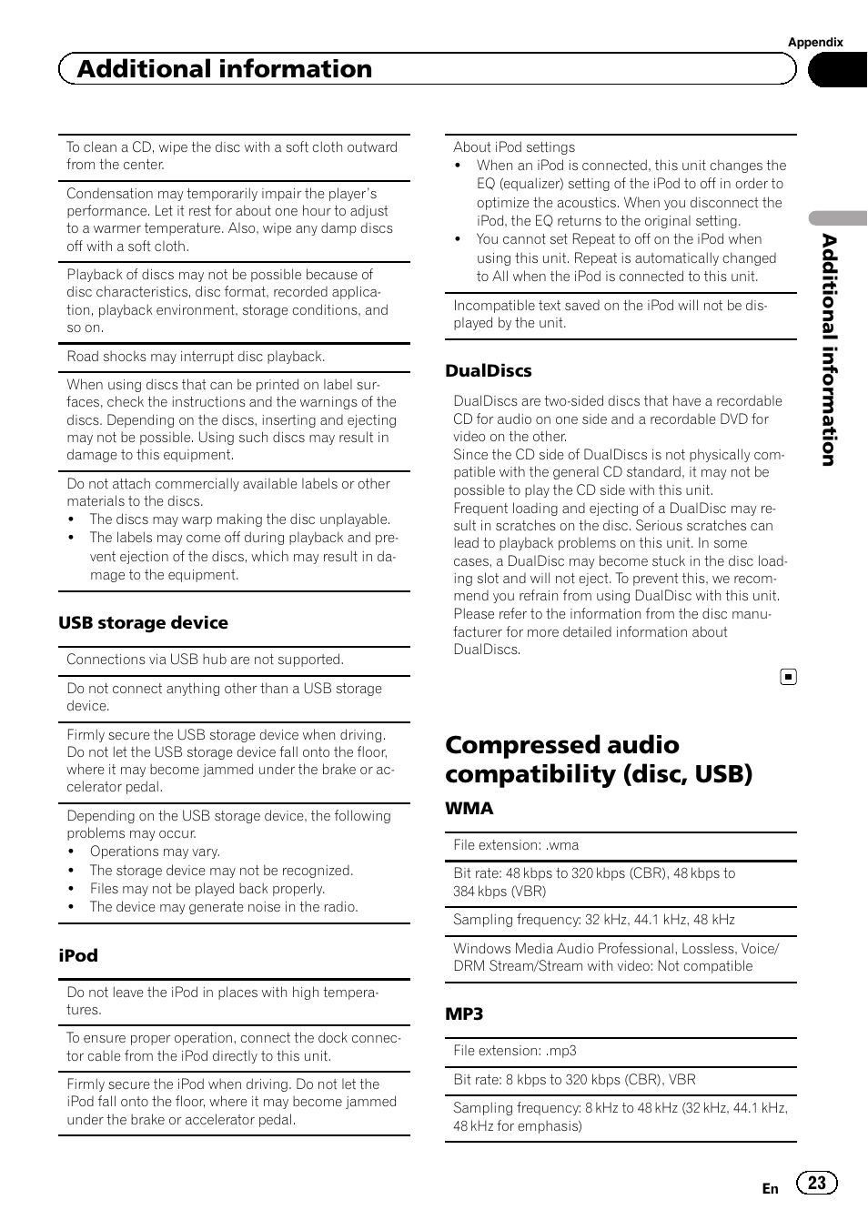 Compressed audio compatibility (disc, usb), Additional information | Pioneer DEH-4400BT User Manual | Page 23 / 28