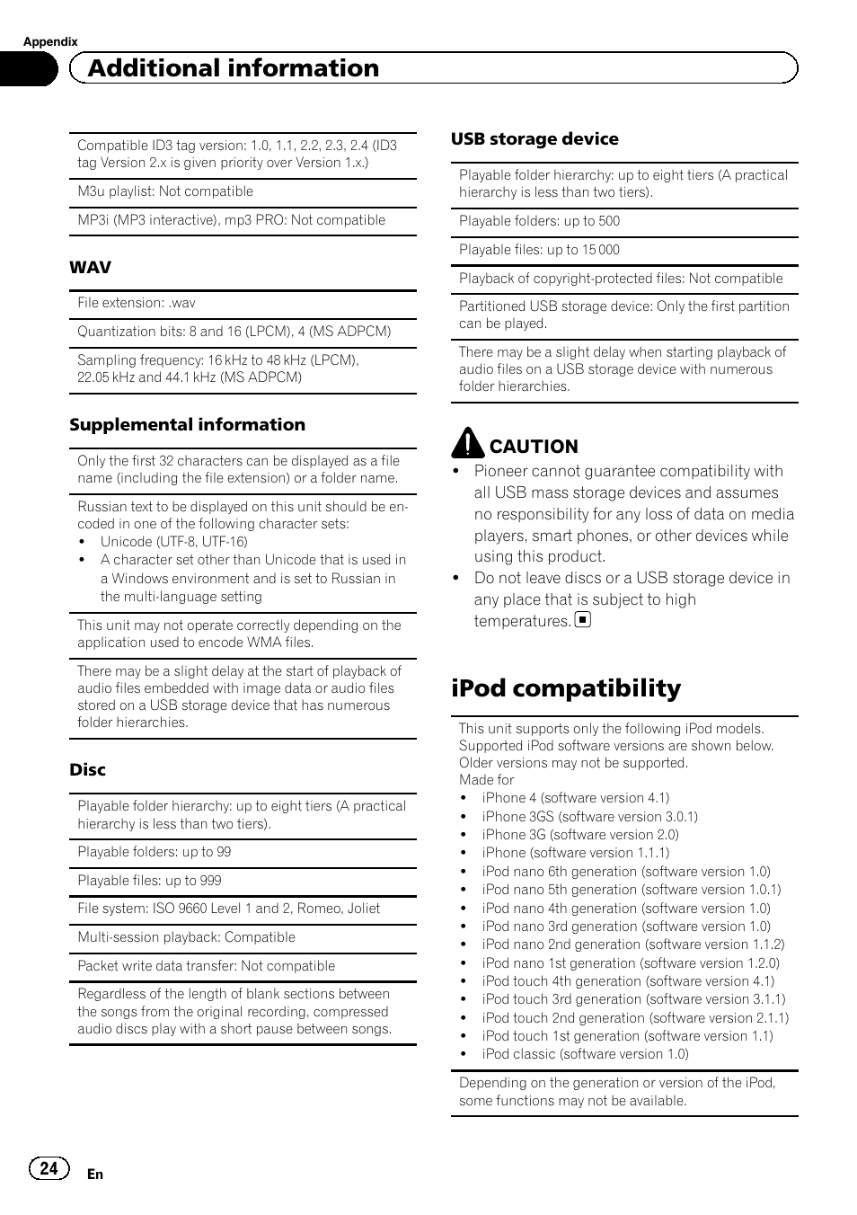 Ipod compatibility, Additional information, Caution | Pioneer DEH-4400BT User Manual | Page 24 / 28