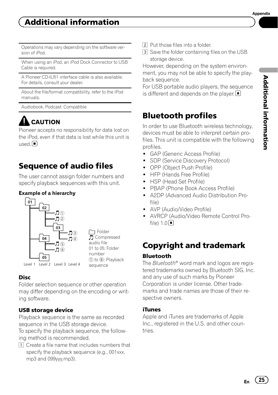 Sequence of audio files, Bluetooth profiles, Copyright and trademark | Additional information | Pioneer DEH-4400BT User Manual | Page 25 / 28