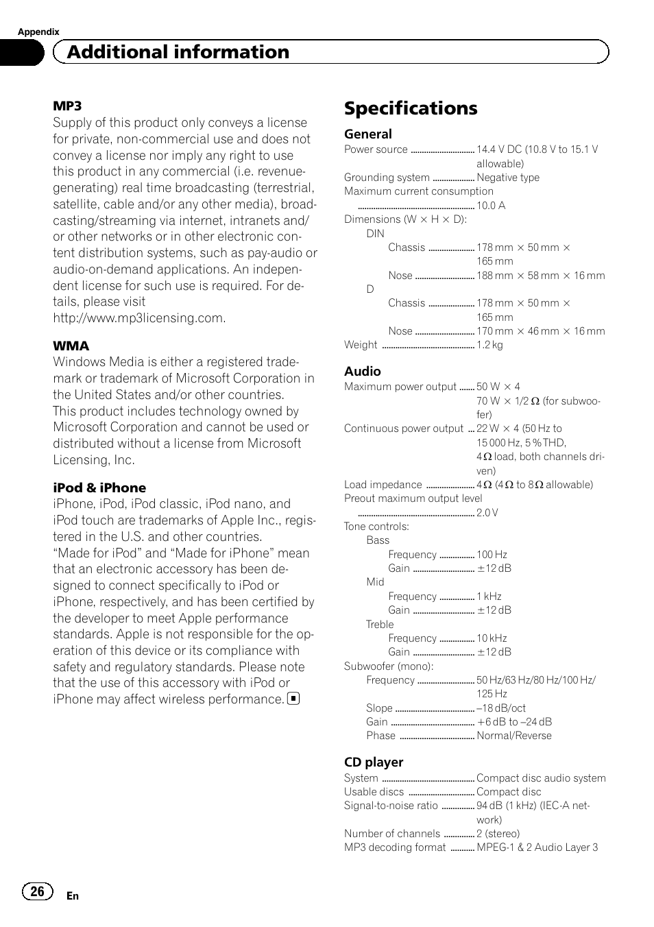 Specifications, Additional information | Pioneer DEH-4400BT User Manual | Page 26 / 28