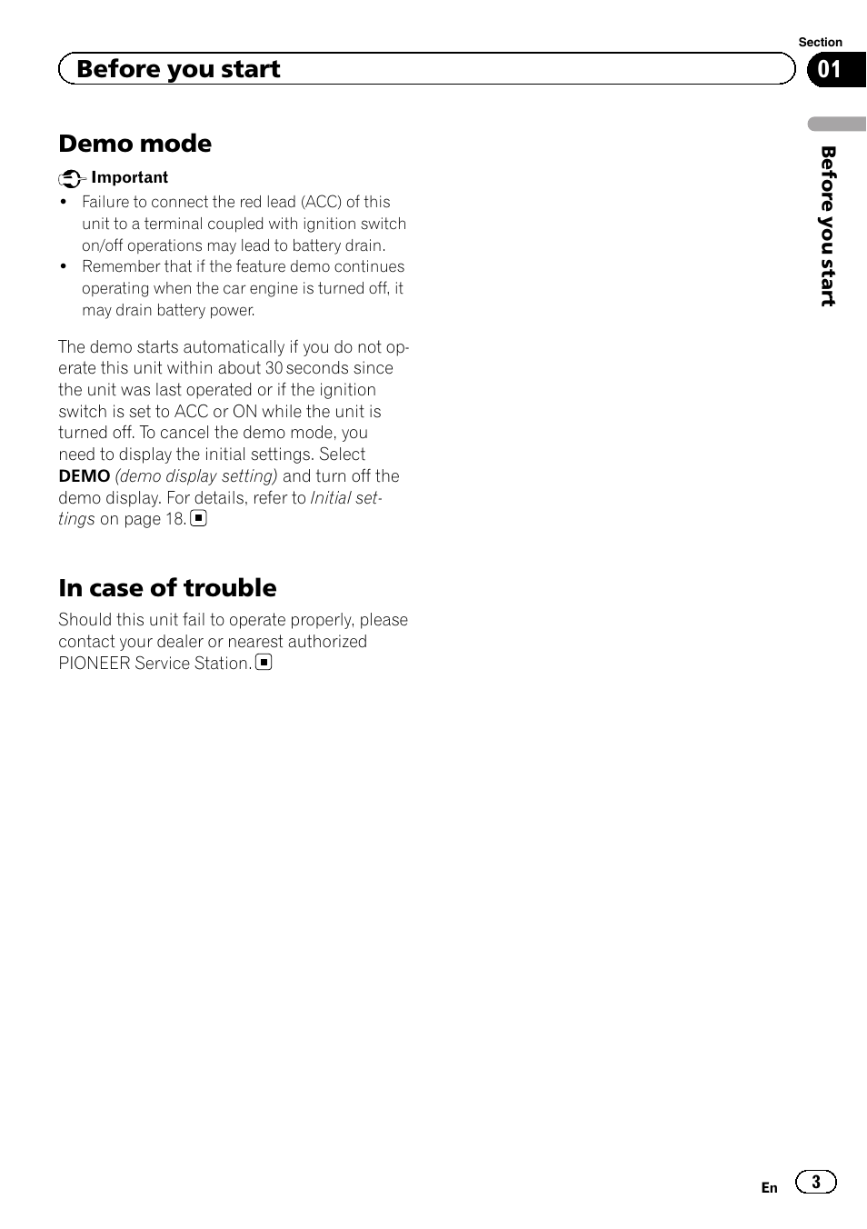 Demo mode, Before you start | Pioneer DEH-4400BT User Manual | Page 3 / 28