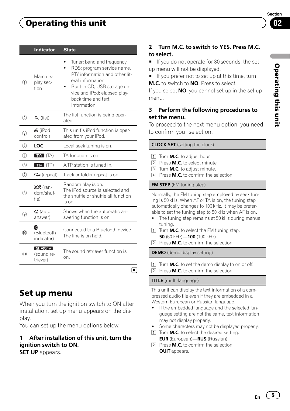 Set up menu, Operating this unit | Pioneer DEH-4400BT User Manual | Page 5 / 28