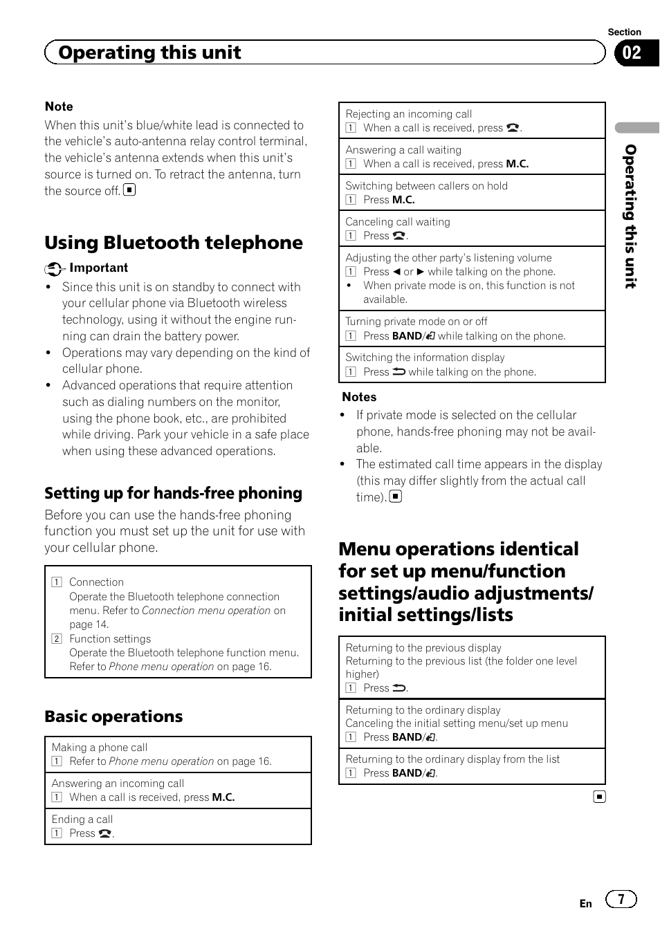 Using bluetooth telephone, Setting up for hands-free phoning, Basic operations | Operating this unit | Pioneer DEH-4400BT User Manual | Page 7 / 28