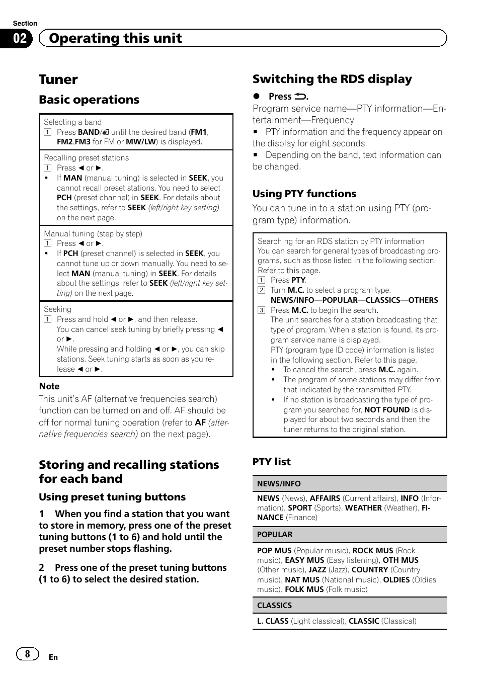 Tuner, 02 operating this unit, Basic operations | Storing and recalling stations for each band, Switching the rds display | Pioneer DEH-4400BT User Manual | Page 8 / 28
