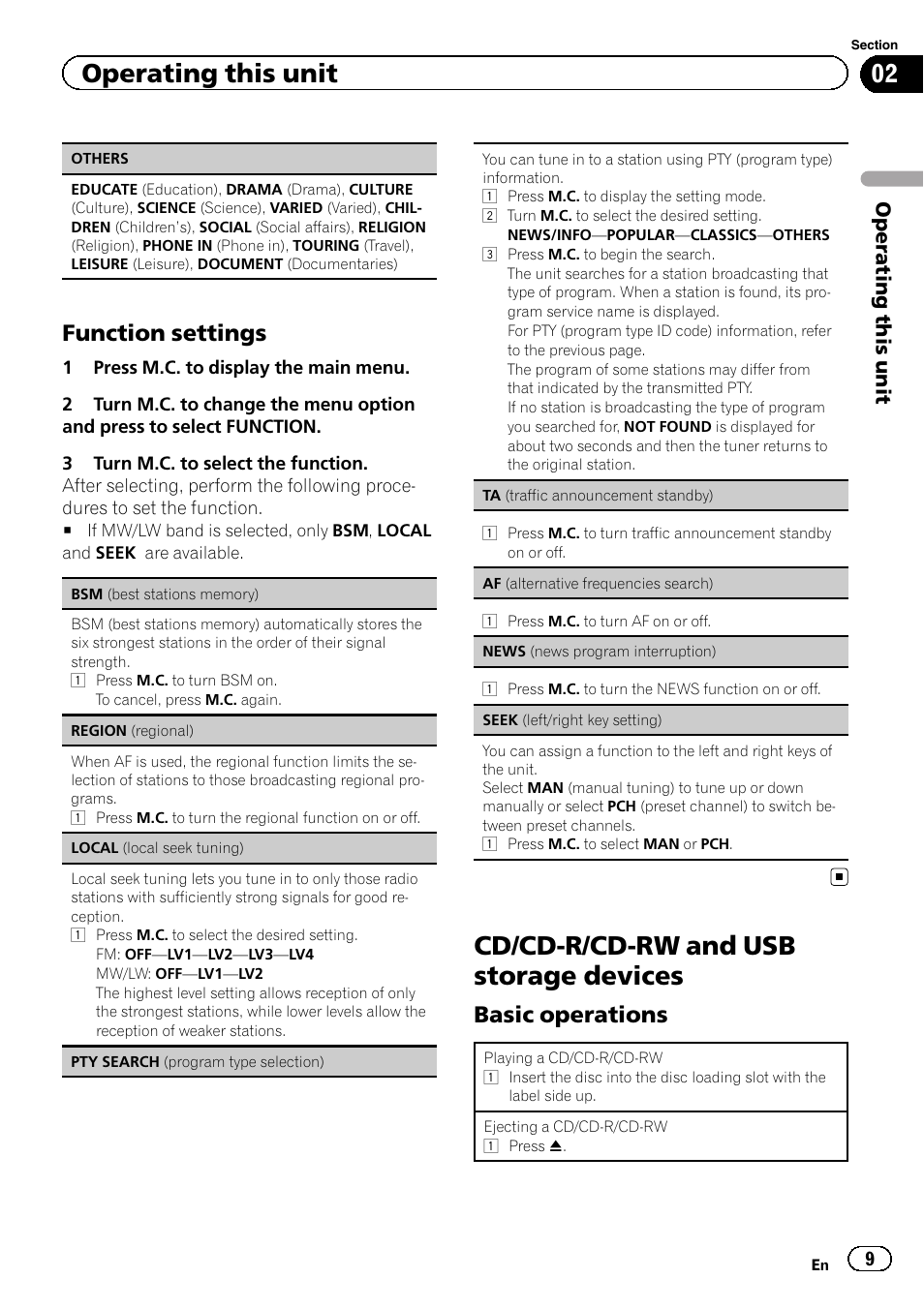 Seek (left/right key setting), Seek (left/right key set, Af (alter | Cd/cd-r/cd-rw and usb storage devices, Function settings, Basic operations, Operating this unit | Pioneer DEH-4400BT User Manual | Page 9 / 28