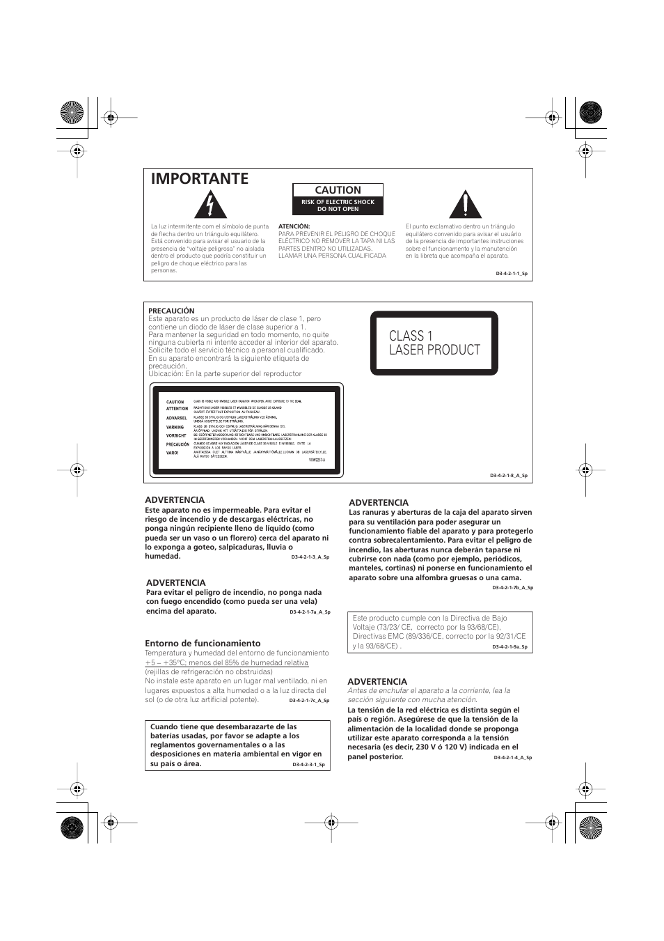 Importante, Class 1 laser product, Caution | Pioneer DV-989AVi-S User Manual | Page 100 / 202