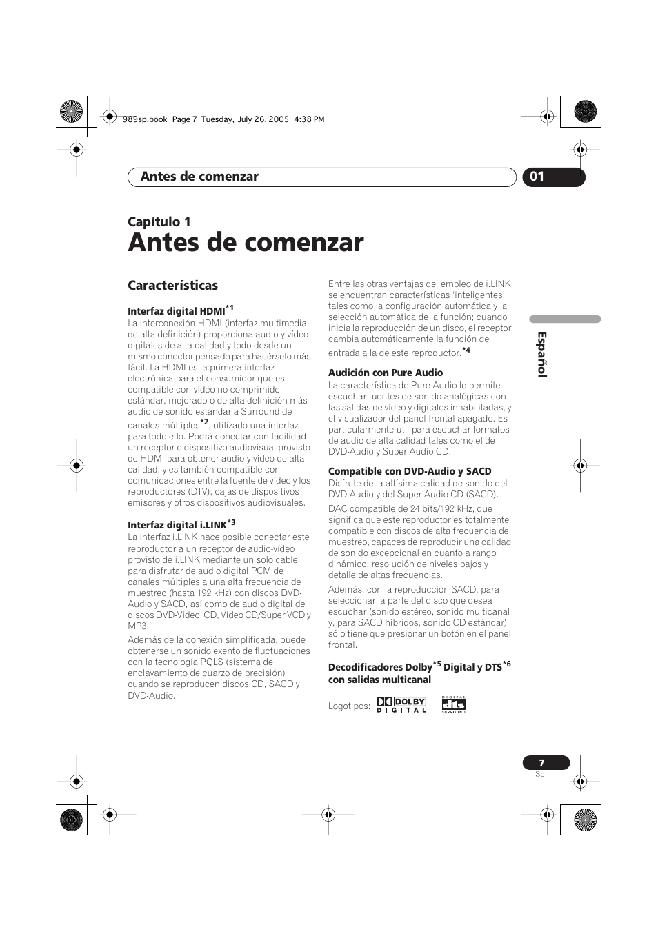 01 antes de comenzar, Características, Antes de comenzar | Antes de comenzar 01, Capítulo 1 | Pioneer DV-989AVi-S User Manual | Page 105 / 202