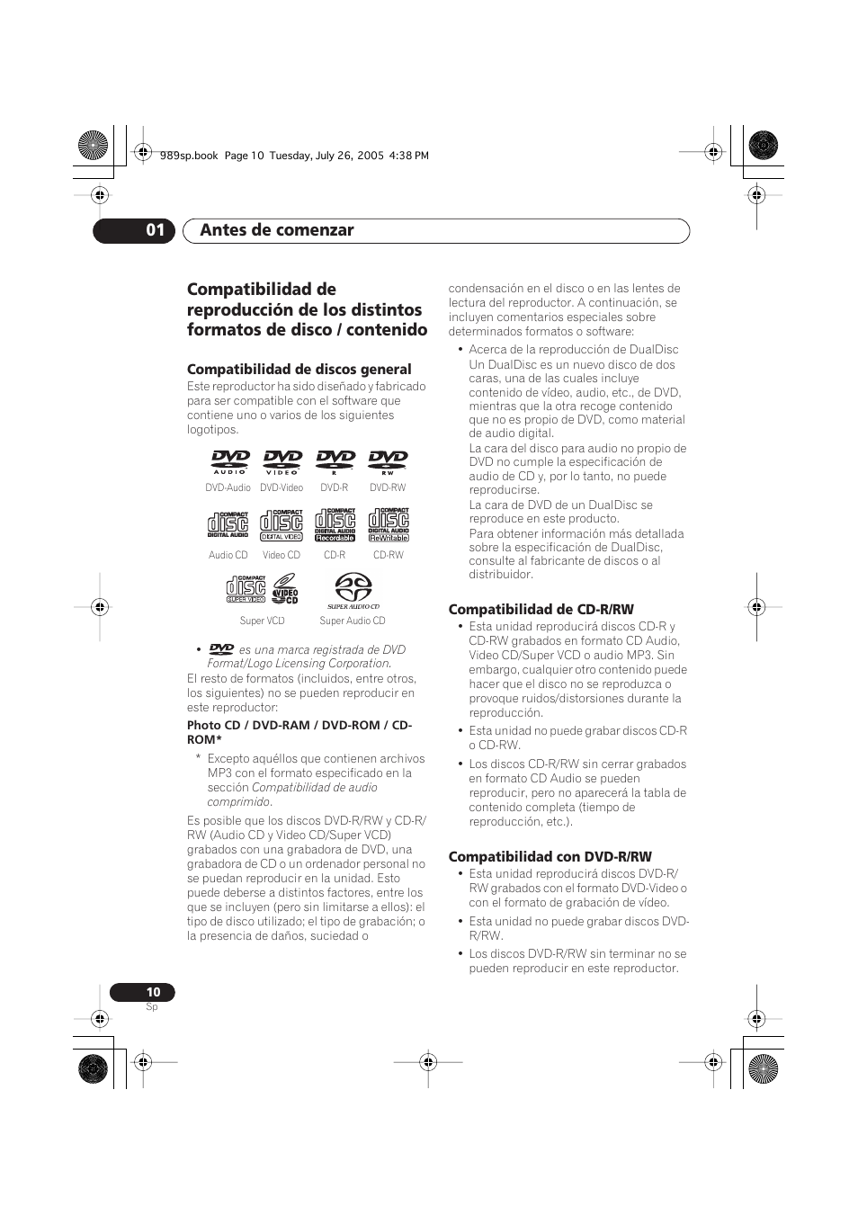 Compatibilidad de discos general, Compatibilidad de cd-r/rw, Compatibilidad con dvd-r/rw | Antes de comenzar 01 | Pioneer DV-989AVi-S User Manual | Page 108 / 202