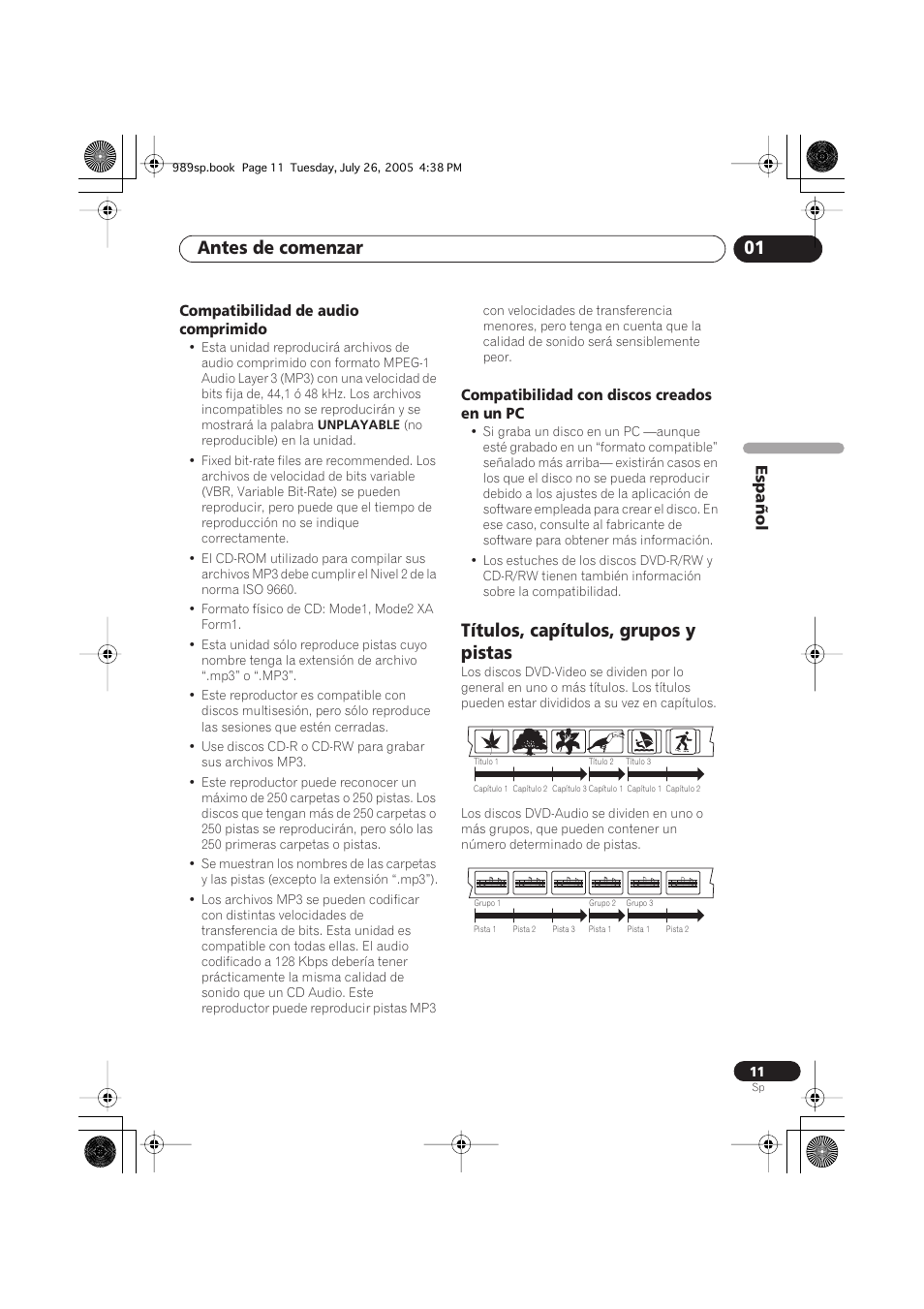 Compatibilidad de audio comprimido, Compatibilidad con discos creados en un pc, Títulos, capítulos, grupos y pistas | Antes de comenzar 01 | Pioneer DV-989AVi-S User Manual | Page 109 / 202
