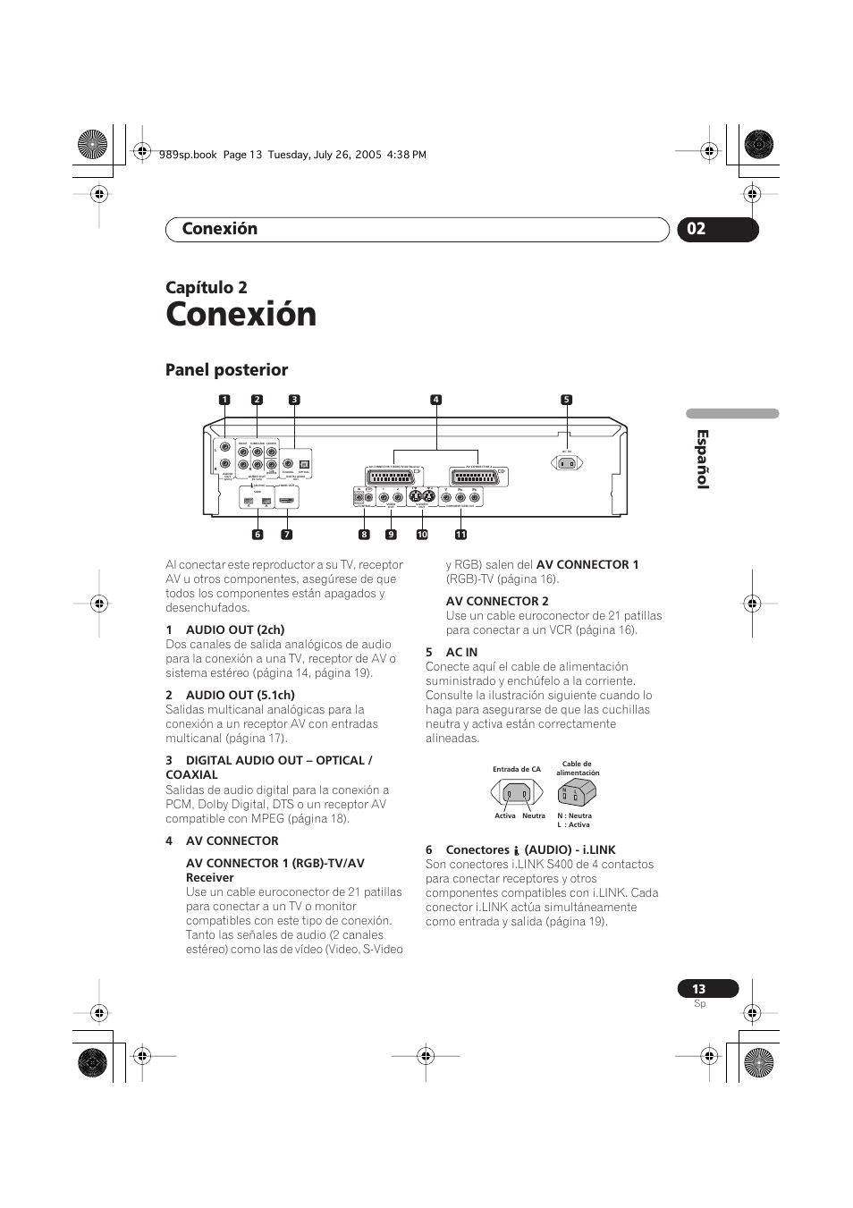 02 conexión, Panel posterior, Conexión | Conexión 02, Capítulo 2, Español | Pioneer DV-989AVi-S User Manual | Page 111 / 202