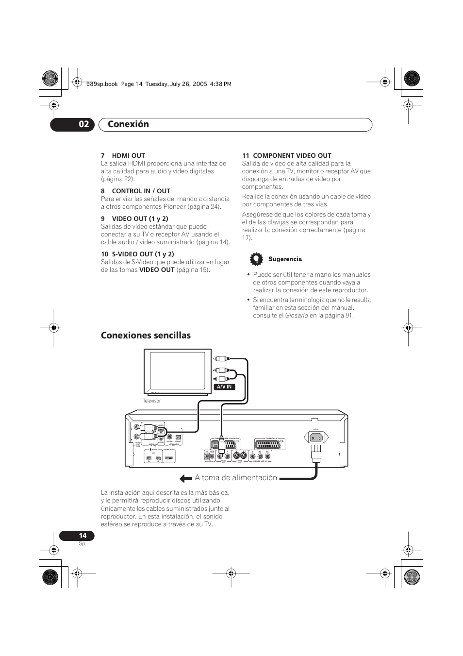 Conexiones sencillas, Conexión 02, A toma de alimentación | 7hdmi out, 8control in / out, 9video out (1 y 2), 10 s-video out (1 y 2), Video out, Página 15), 11 component video out | Pioneer DV-989AVi-S User Manual | Page 112 / 202