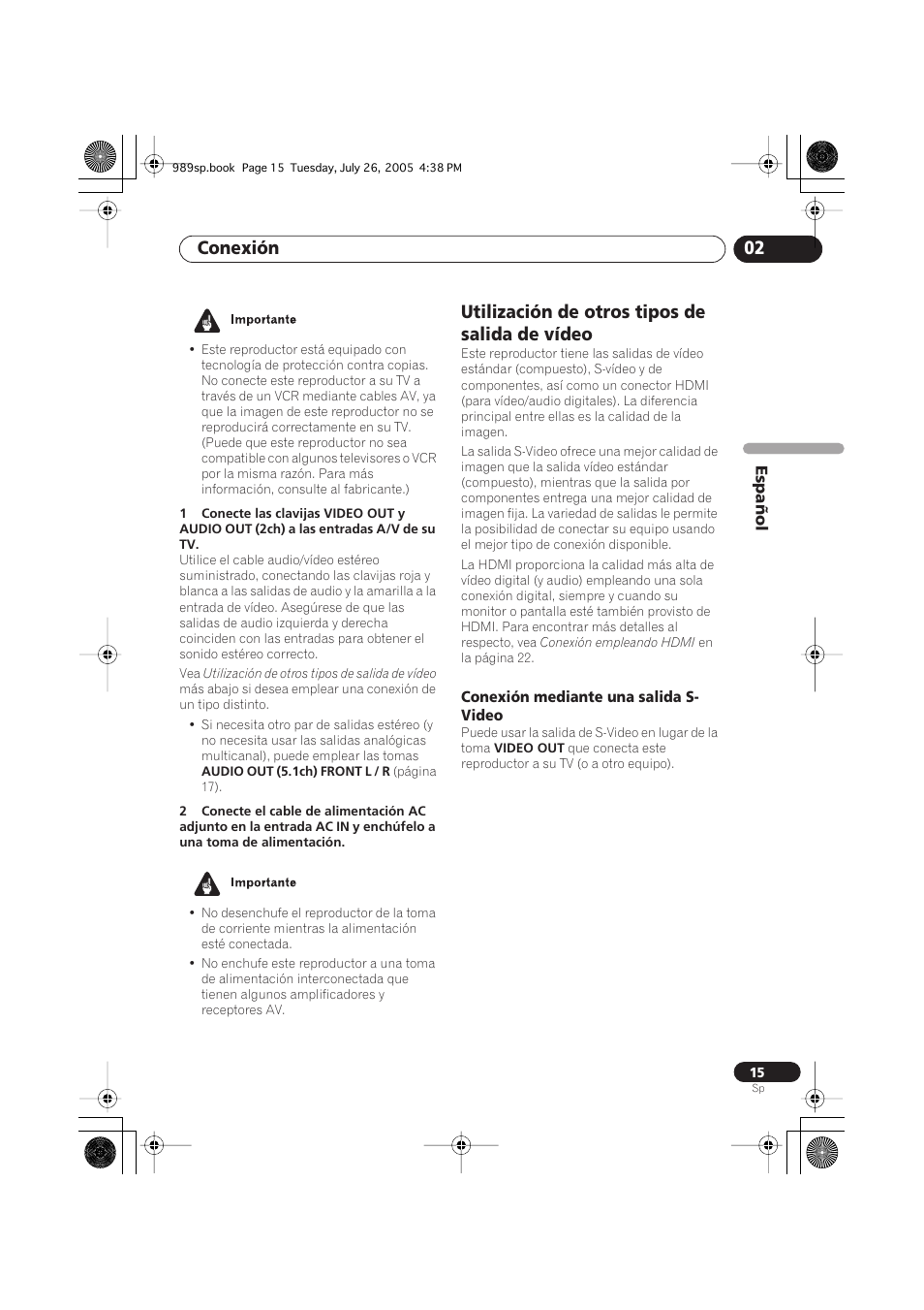 Utilización de otros tipos de salida de vídeo, Conexión mediante una salida s-video, Conexión 02 | Pioneer DV-989AVi-S User Manual | Page 113 / 202