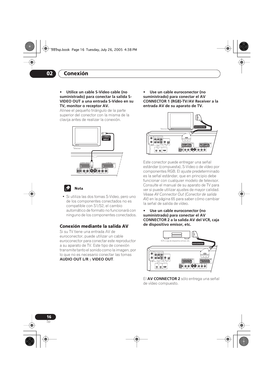 Conexión mediante la salida av, Conexión 02, Audio out l/r | Video out, Av connector out (conector de salida av), Av connector 2, Sólo entrega una señal de vídeo compuesto | Pioneer DV-989AVi-S User Manual | Page 114 / 202