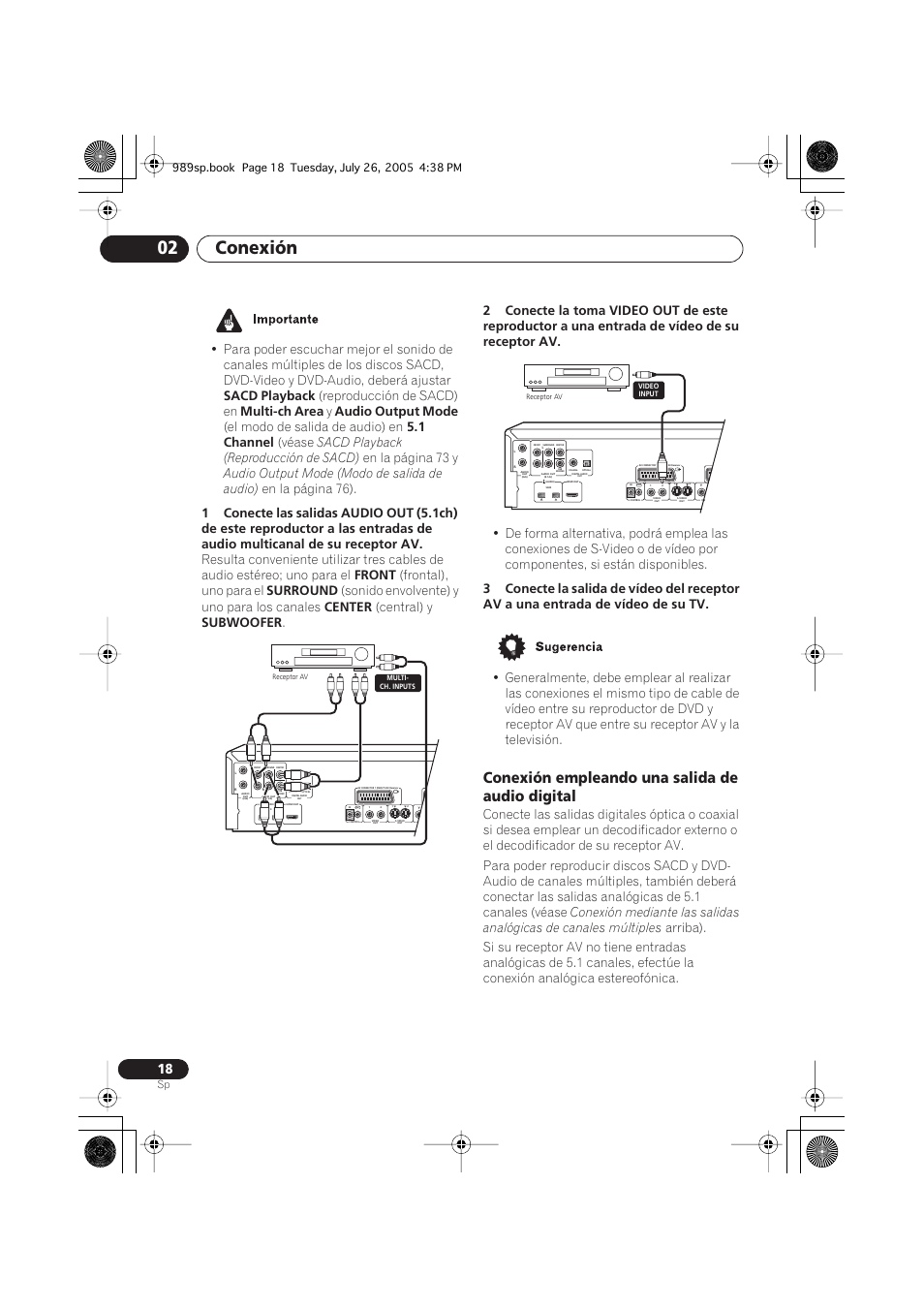 Conexión empleando una salida de audio digital, Conexión 02, Sacd playback | Reproducción de sacd) en, Multi-ch area, Audio output mode, El modo de salida de audio) en, 1 channel, Véase, Sacd playback (reproducción de sacd) | Pioneer DV-989AVi-S User Manual | Page 116 / 202