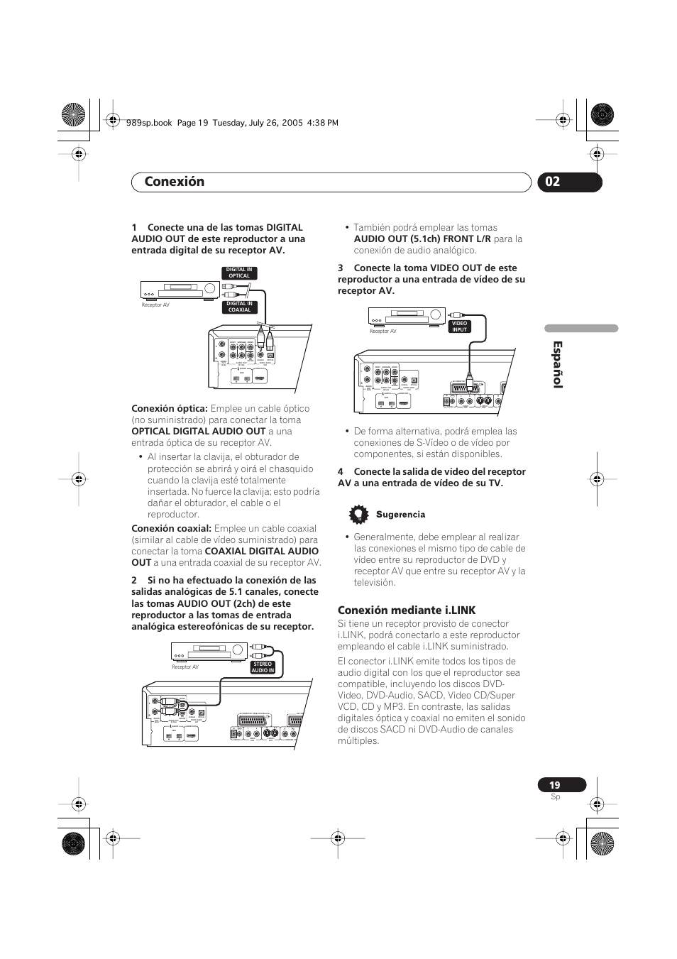 Conexión mediante i.link, Conexión 02, Español | Optical digital audio out, Conexión coaxial, Coaxial digital audio out, A una entrada coaxial de su receptor av, También podrá emplear las tomas, Audio out (5.1ch) front l/r, Para la conexión de audio analógico | Pioneer DV-989AVi-S User Manual | Page 117 / 202