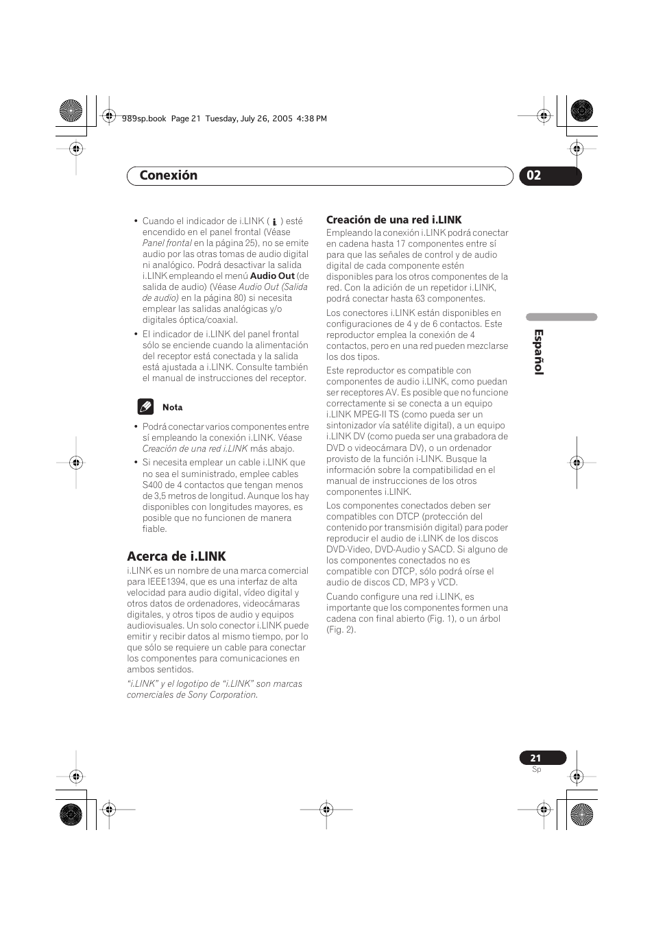 Acerca de i.link, Creación de una red i.link, Conexión 02 | Pioneer DV-989AVi-S User Manual | Page 119 / 202