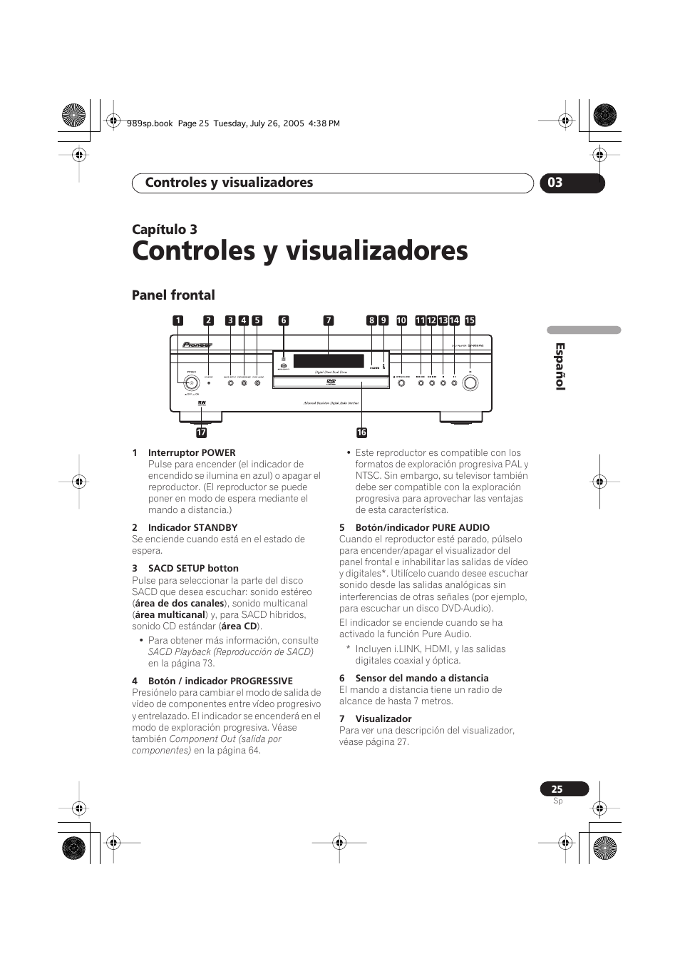 03 controles y visualizadores, Panel frontal, Controles y visualizadores | Controles y visualizadores 03, Capítulo 3 | Pioneer DV-989AVi-S User Manual | Page 123 / 202