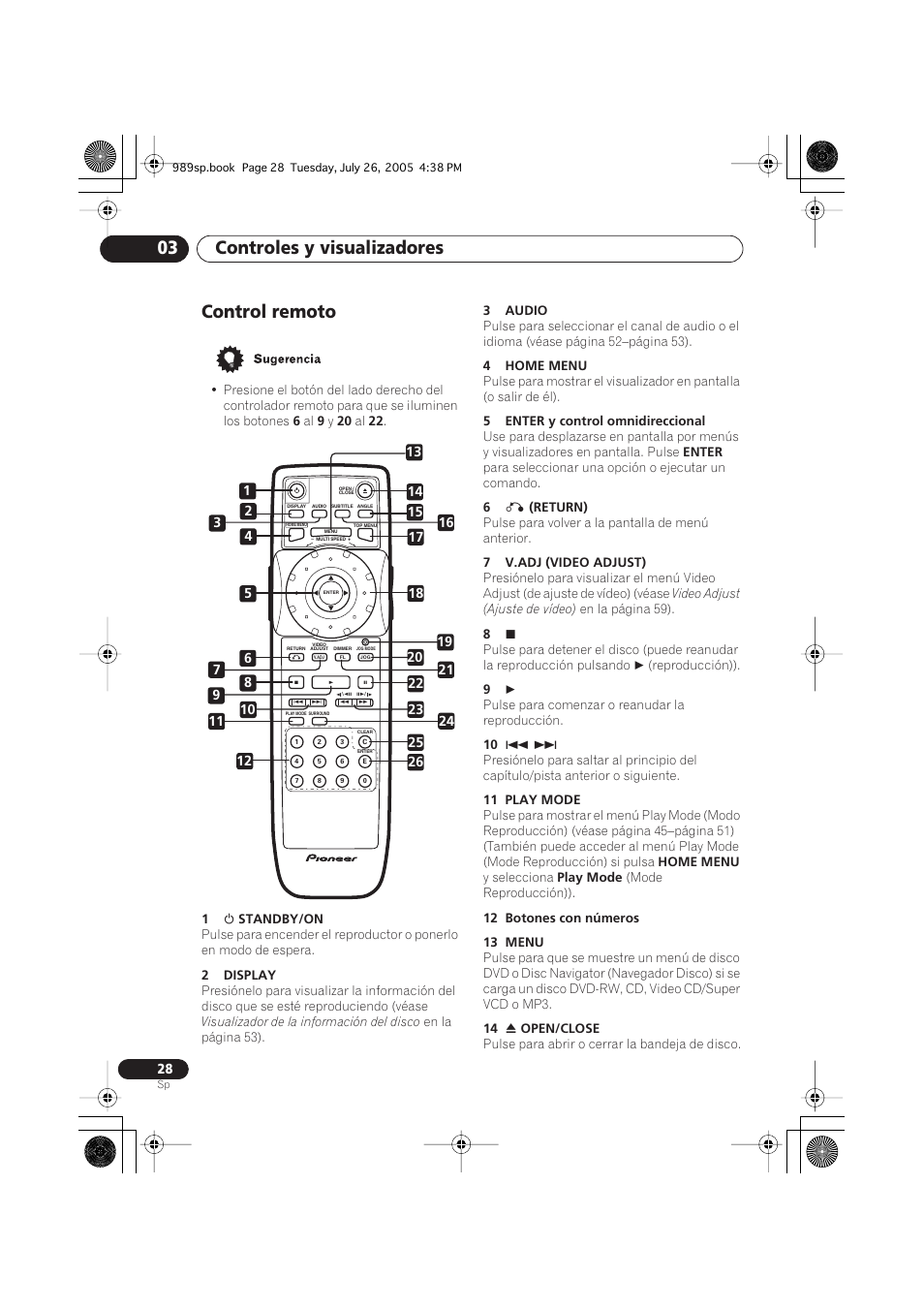 Control remoto, Controles y visualizadores 03 | Pioneer DV-989AVi-S User Manual | Page 126 / 202