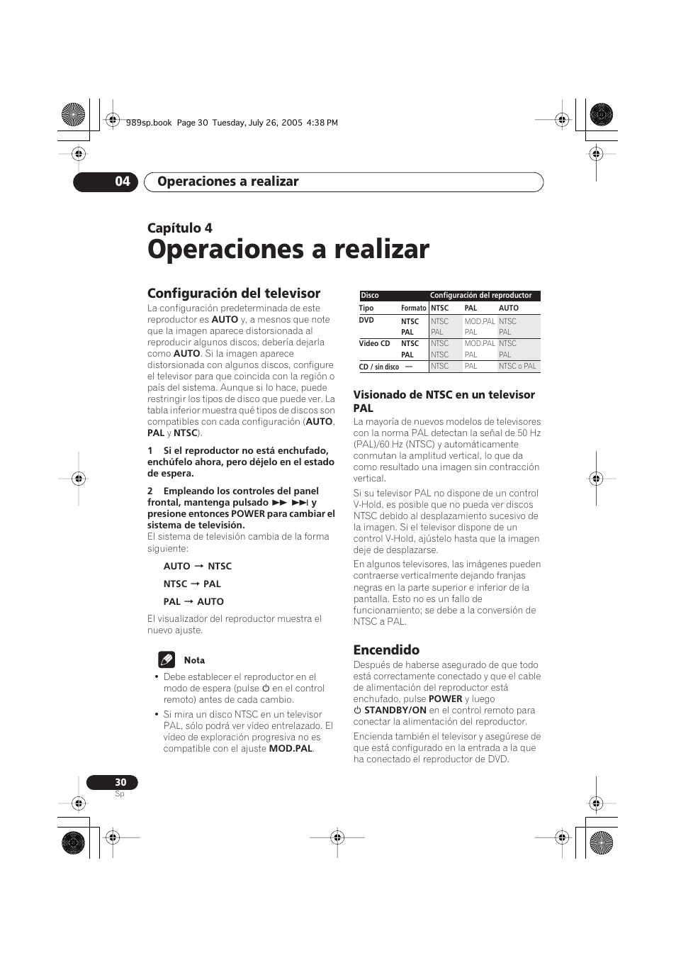 04 operaciones a realizar, Configuración del televisor, Visionado de ntsc en un televisor pal | Encendido, Operaciones a realizar, Operaciones a realizar 04, Capítulo 4 | Pioneer DV-989AVi-S User Manual | Page 128 / 202