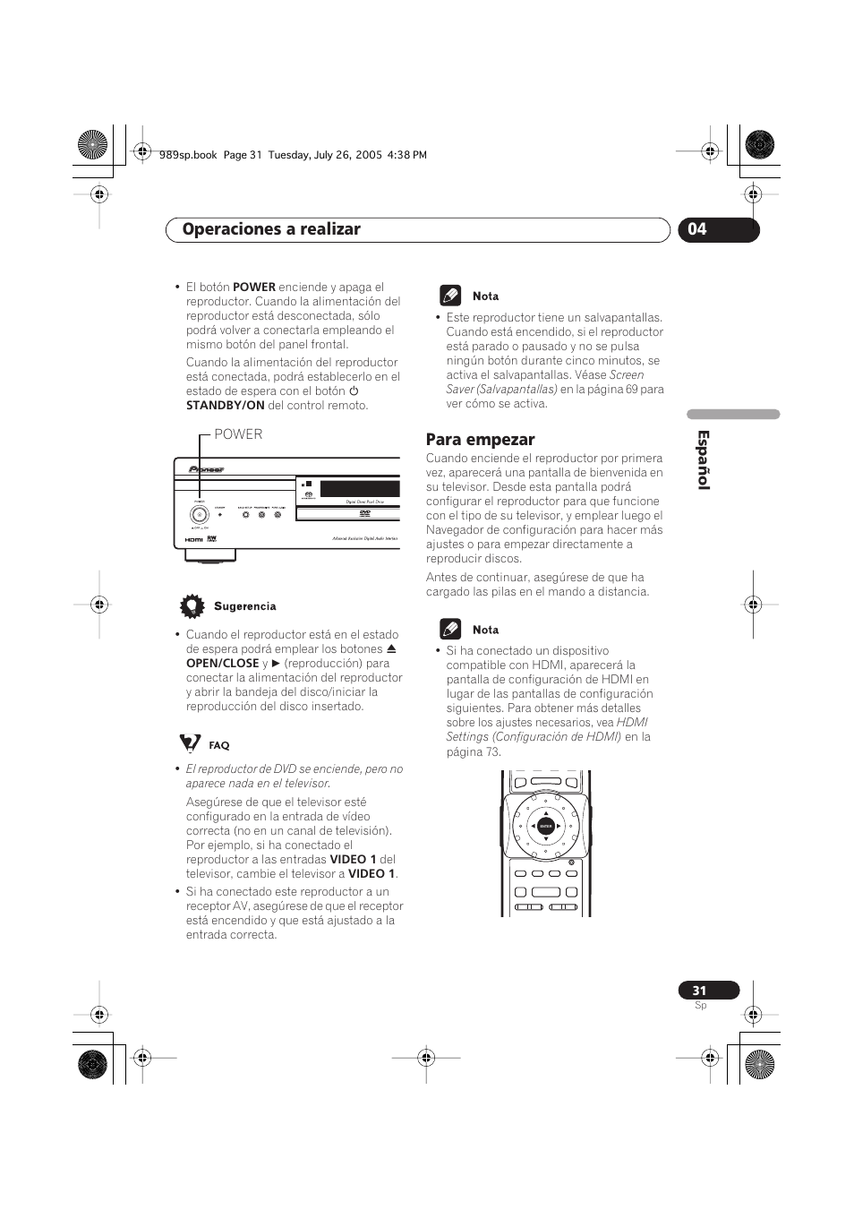 Para empezar, Operaciones a realizar 04, Español | Power | Pioneer DV-989AVi-S User Manual | Page 129 / 202