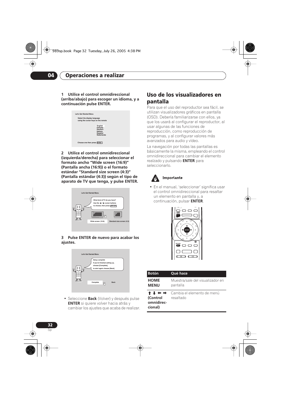 Uso de los visualizadores en pantalla, Operaciones a realizar 04, Seleccione | Back, Volver) y después pulse, Enter, Home menu | Pioneer DV-989AVi-S User Manual | Page 130 / 202