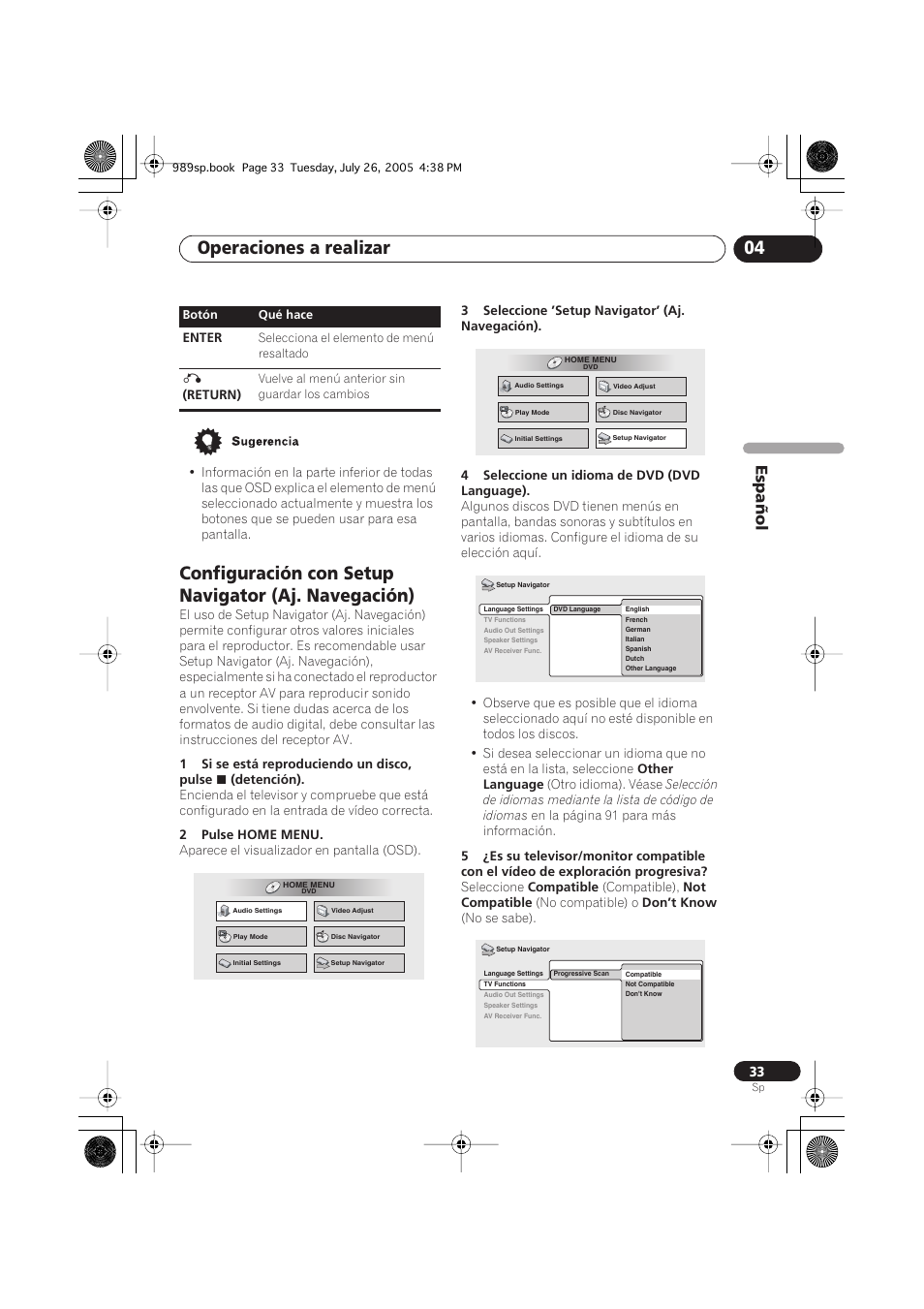 Configuración con setup navigator (aj. navegación), Operaciones a realizar 04, Español | Pioneer DV-989AVi-S User Manual | Page 131 / 202