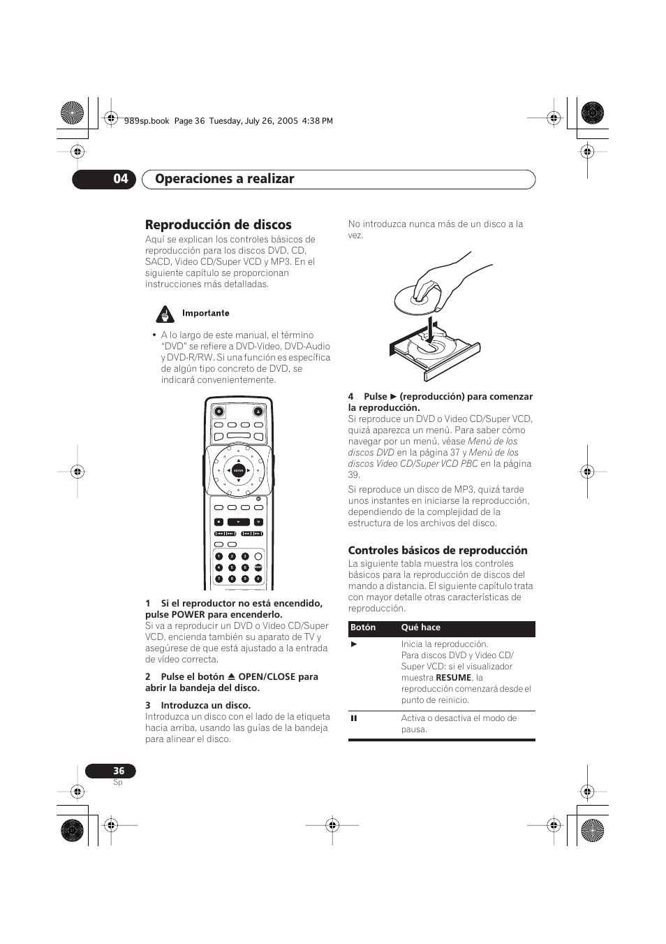 Reproducción de discos, Controles básicos de reproducción, Operaciones a realizar 04 | Pioneer DV-989AVi-S User Manual | Page 134 / 202