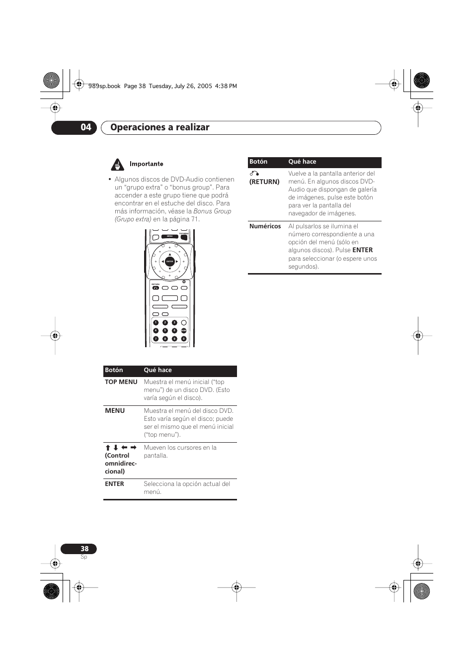 Operaciones a realizar 04, Bonus group (grupo extra), En la página 71 | Menu, Return), Enter | Pioneer DV-989AVi-S User Manual | Page 136 / 202